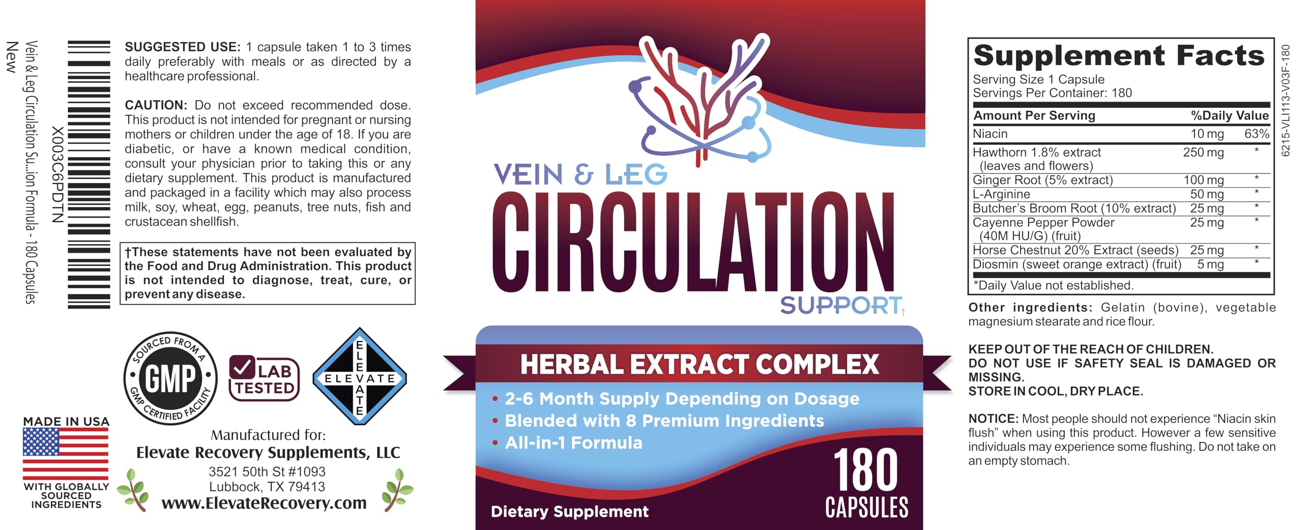 Vein & Leg Circulation (2-Month) Support Supplement with 8 Active Ingredients in 1 Formula | Leg + Vein | Blood Circulation Support Supplements | 60-Day Bulk Supply | 180 Capsules Elevate Recovery Supplements Au supplements