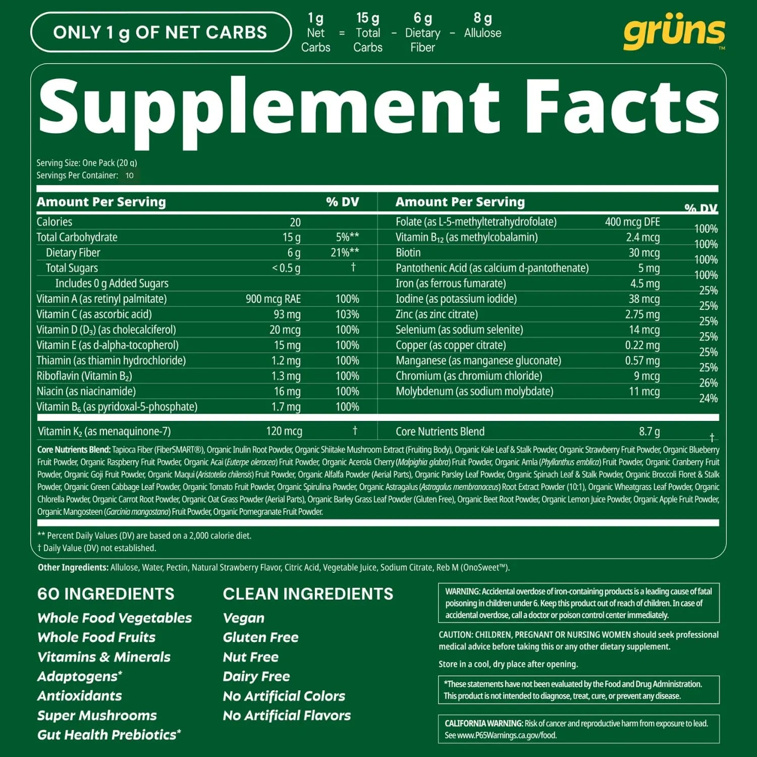 Gruns Sugar-Free Super Greens Gummies, Multivitamin Superfood Gummy Bears, Spirulina, Chlorella, Prebiotics & Fiber gummies for Digestive Health, Adaptogens Supplement, 20 Vitamins & Minerals, 10 pack Grüns Au supplements
