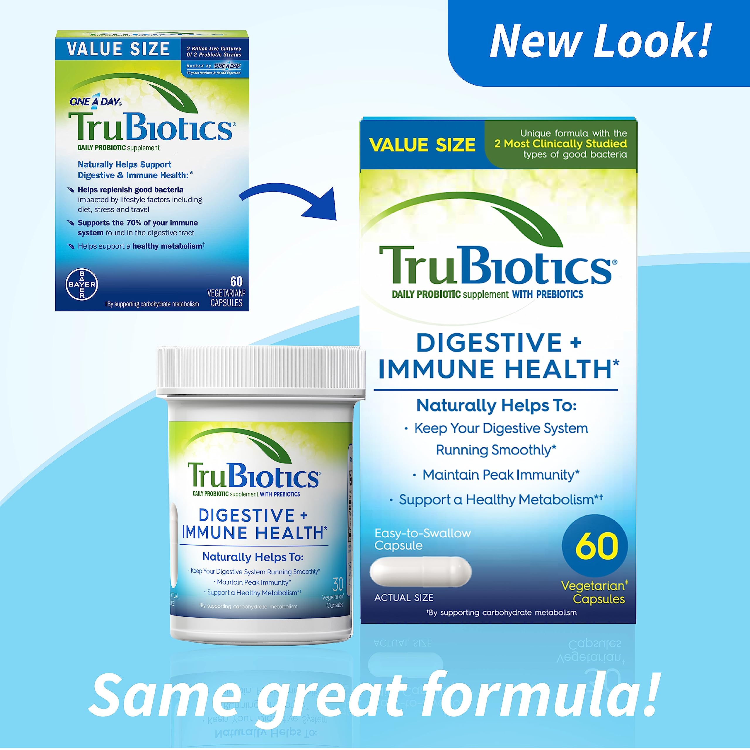 TruBiotics Probiotics for Digestive & Immune Health, Supports Regularity & Helps Relieve Abdominal Discomfort, Gas & Bloating, 2 Clinically Studied Probiotic Strains, Plus Prebiotics, 60 Capsules TruBiotics Au supplements