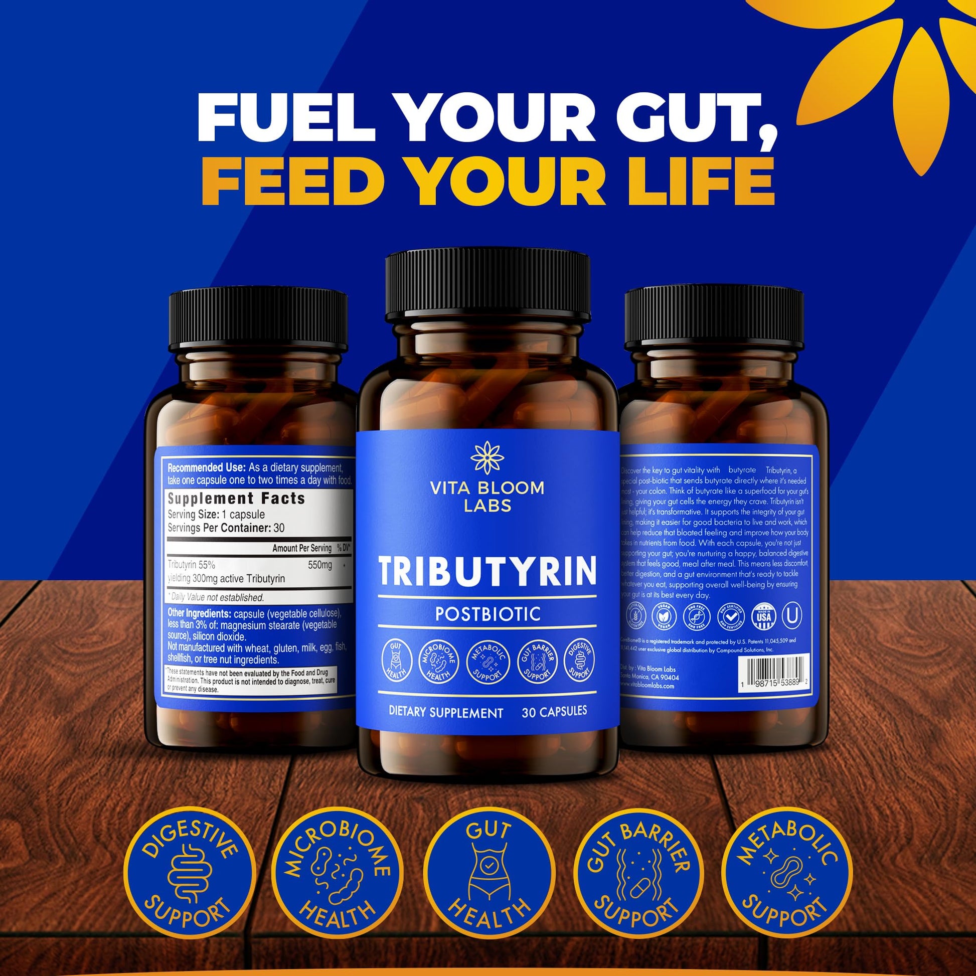 Tributyrin Supplement - Better Delivery & More Effective than Sodium Butyrate - Gut Health & Digestive Support - 3-in-1 Butyrate Postbiotics for Leaky Gut & Gut Barrier Support - 30 Capsules Vita Bloom Labs Au supplements