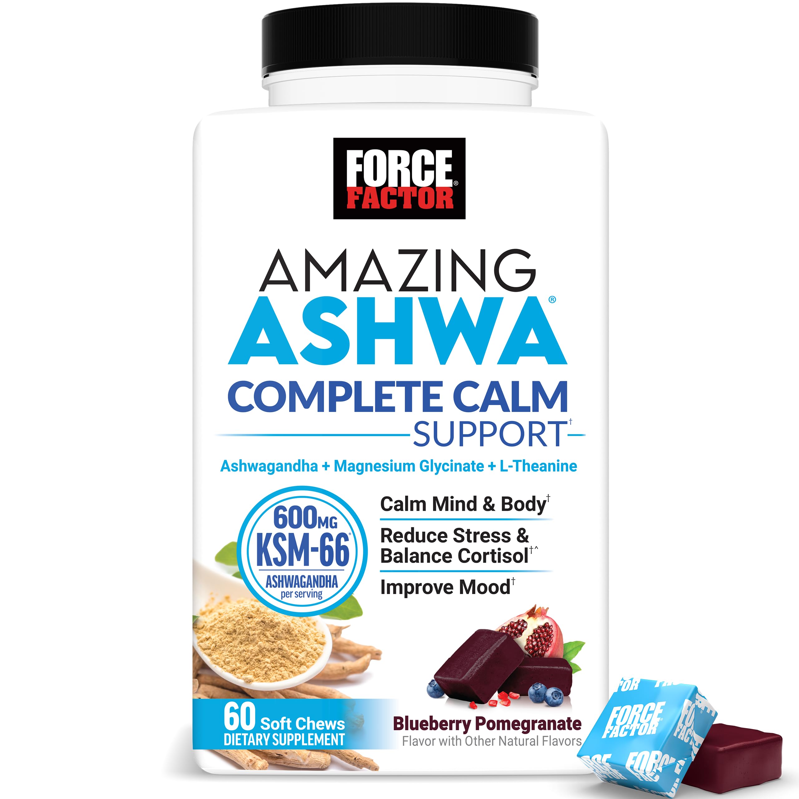Force Factor Amazing Ashwa Complete Calm Support with KSM-66 Ashwagandha, Like Ashwangandha Gummies to Promote Calm & Relaxation with Magnesium & L-Theanine, Blueberry Pomegranate, 60 Soft Chews Force Factor Au supplements