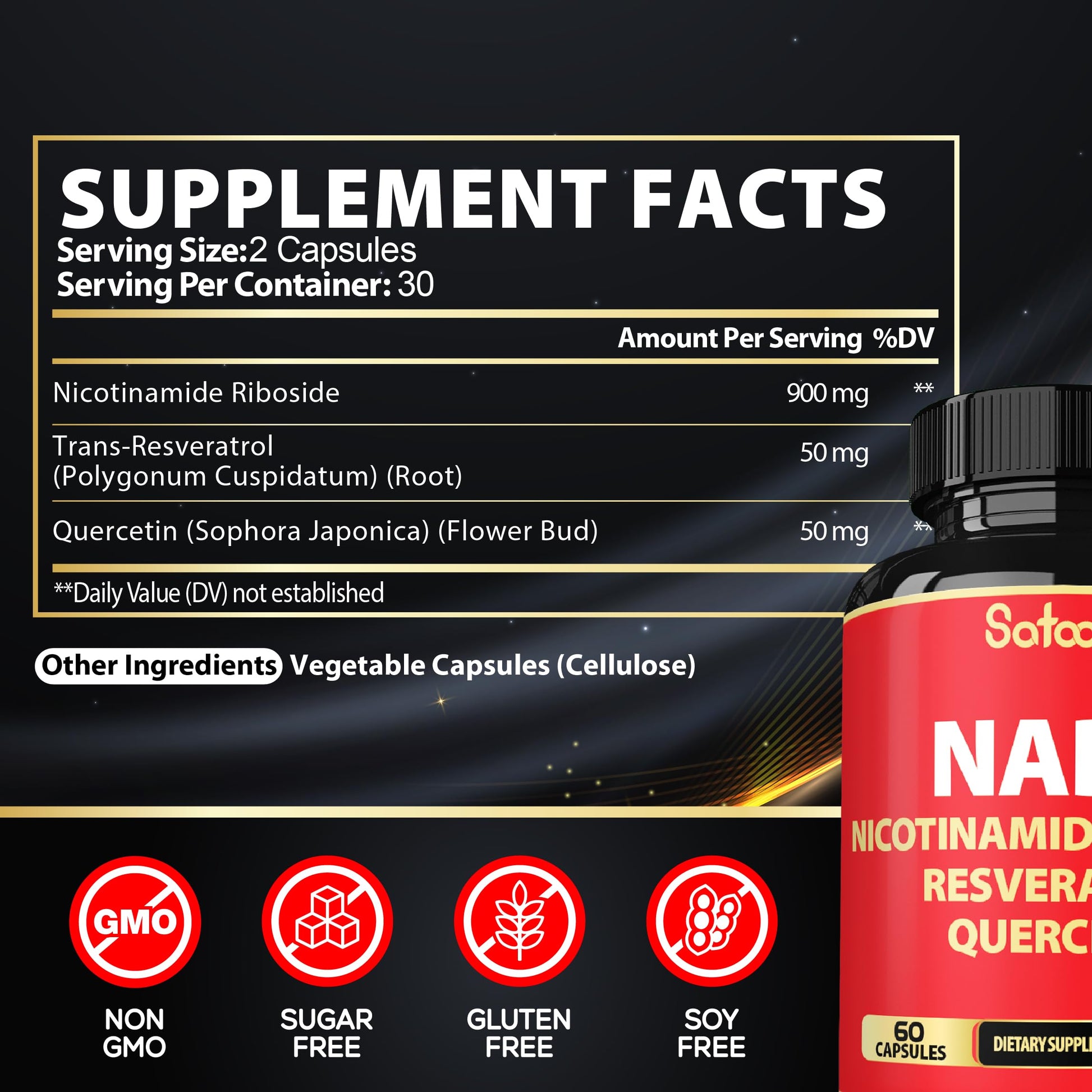 Satoomi NAD Supplement with Nicotinamide Riboside NR, Resveratrol, Quercetin - 60 Count - 30 Days Satoomi Au supplements