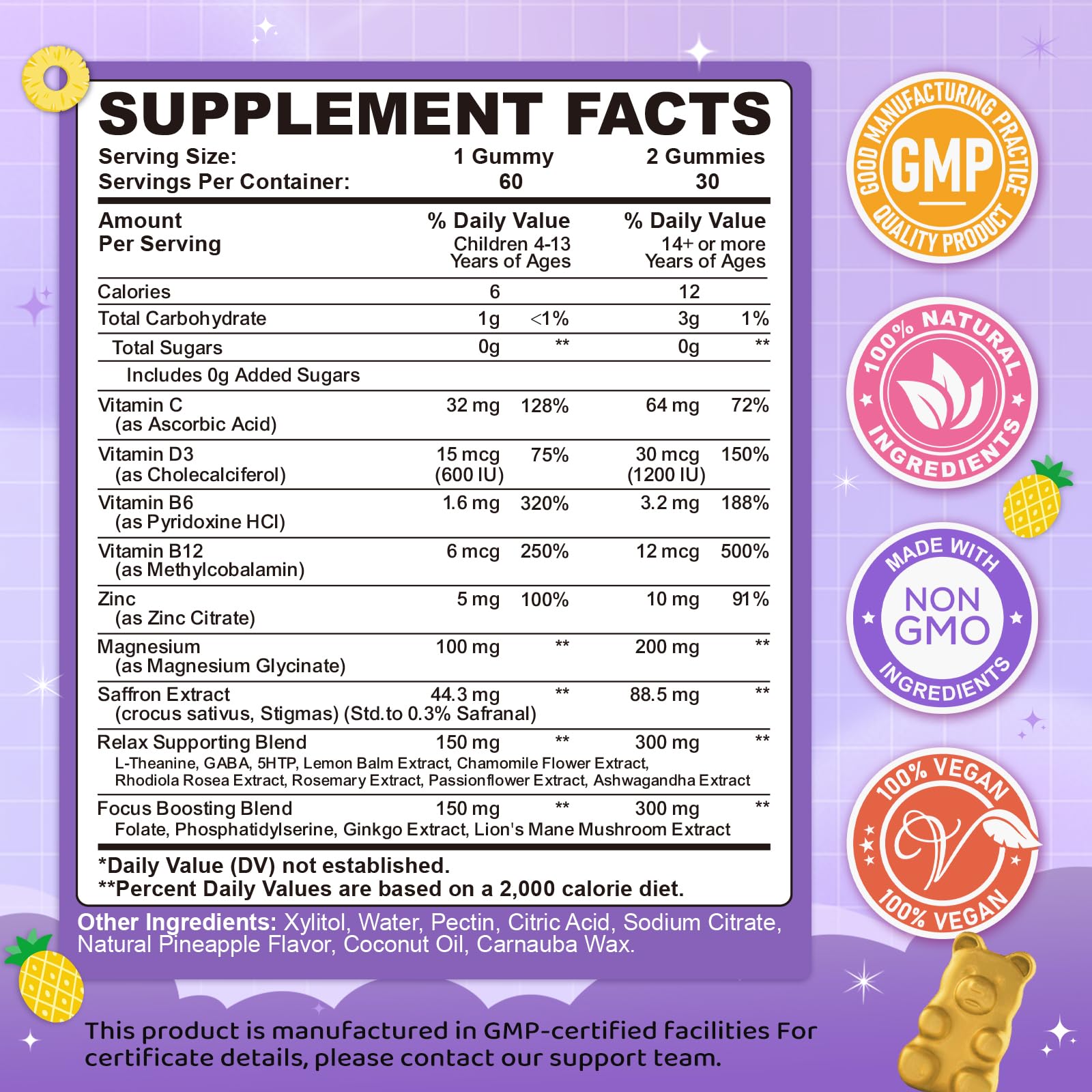 Saffron Gummies for Kids & Adults, 20-in-1 Saffron Supplements with 88.5mg Saffron Extract, B6, B12, C, D3, Magnesium for Calm, Focus, Nerve, Sugar Free, Vegan, Non-GMO - Pineapple Flavor, 60 Counts CFILIHTC Au supplements
