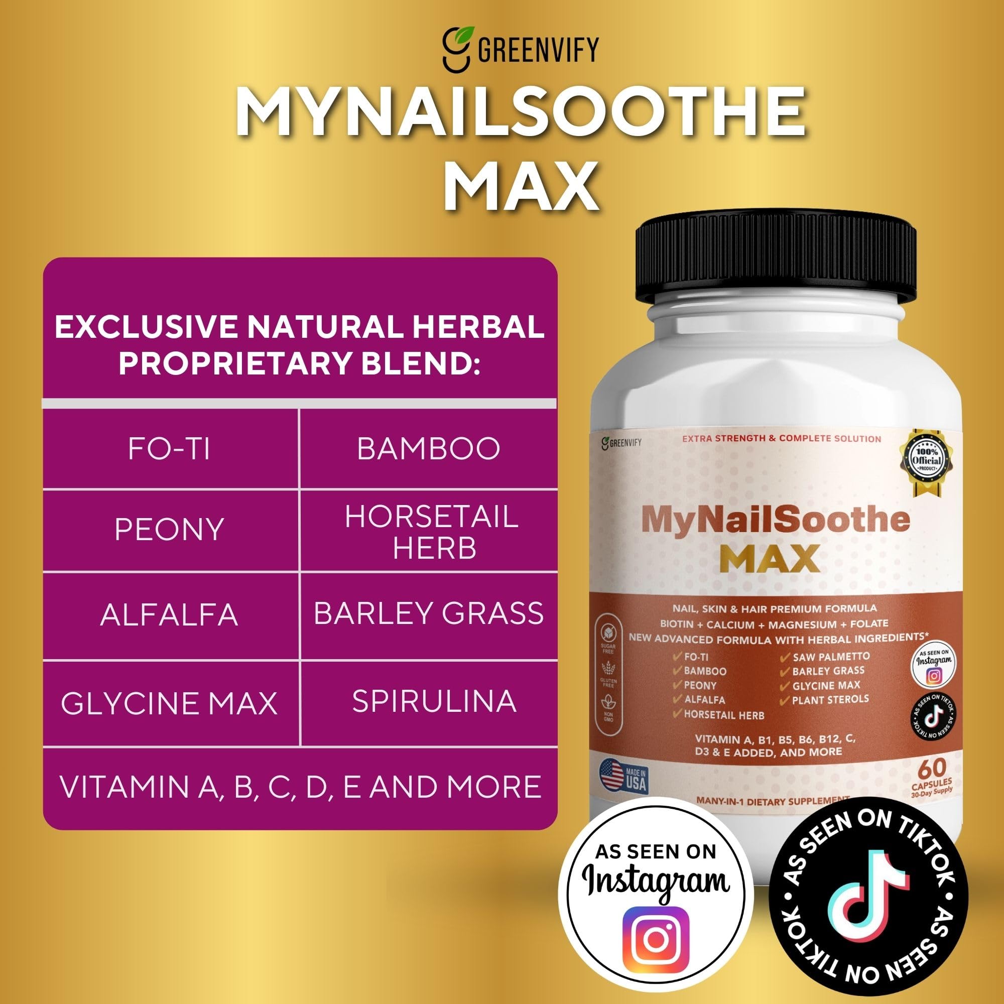 GREENVIFY MyNailSoothe MAX Hair, Skin & Nail Supplement, 60 Capsules, with Biotin 5000mcg, Vitamins, Minerals & Herbal Blend (1) GREENVIFY Au supplements
