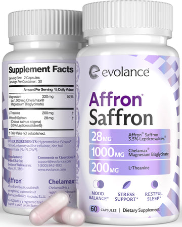 Evolance Saffron Supplements Extract for Stress & Mood Support – Affron 28mg, Magnesium Glycinate 1000mg, L-Theanine 200mg – High Absorption, Sleep & Focus Support, Melatonin-Free, 60 Veggie Capsules Evolance Au supplements