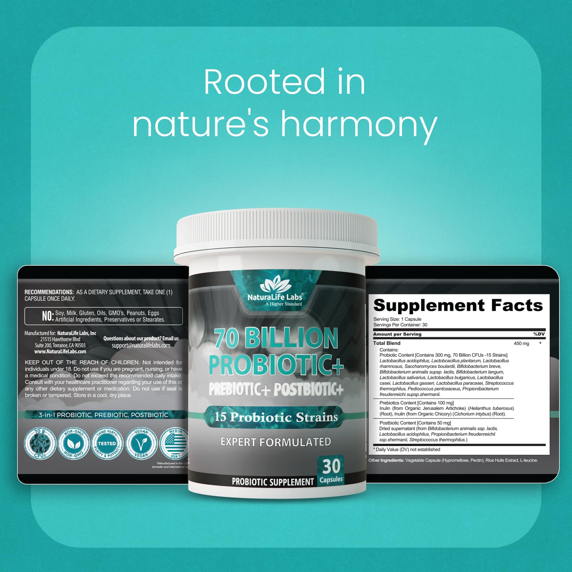 NaturaLife Labs Probiotics 70 Billion CFU – 15 Strains with Organic Prebiotic & Postbiotic – 3-in-1 Formula – 30 Vegan Capsules NaturaLife Labs Au supplements