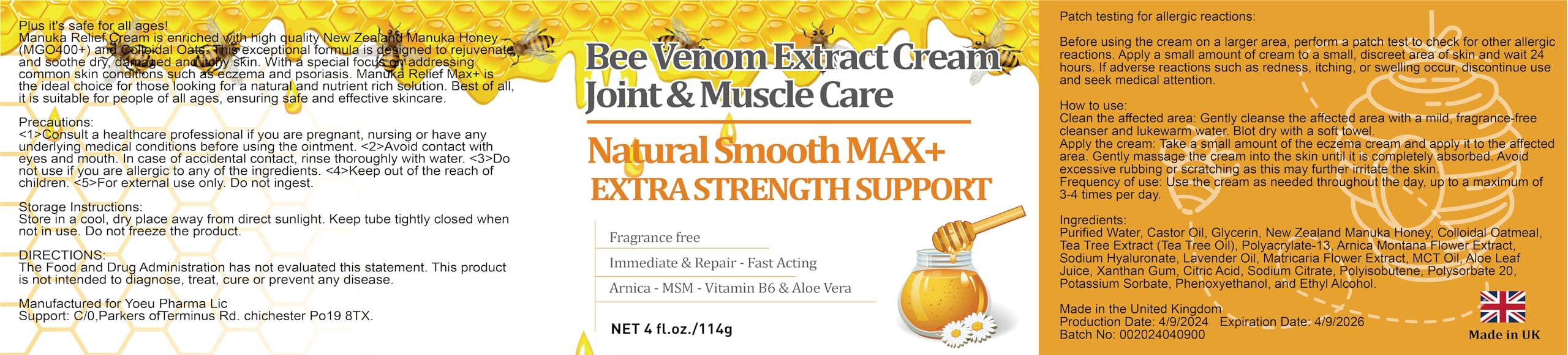 YOKOBBYES Pure Bee Venom Joint, Muscle & Bone Cream, Instant Relief, Back, Neck, Hand, Feet, Knee, Muscle, Shoulder, Ankle, Foot Discomfort, for Adults and The Elderly, YOKOBBYES Au supplements