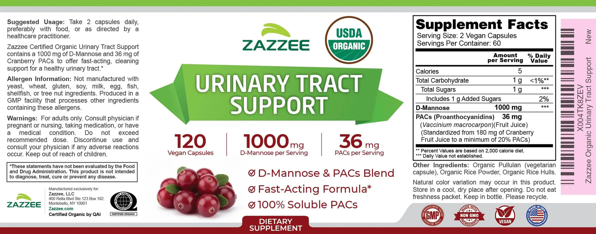 Zazzee USDA Organic Cranberry PACs and D-Mannose, 1000 mg D-Mannose, 36 mg Cranberry PACs, 120 Vegan Capsules, 2 Month Supply, Potent & Fast-Acting, All-Natural Urinary Tract Health Support, Non-GMO Zazzee Au supplements