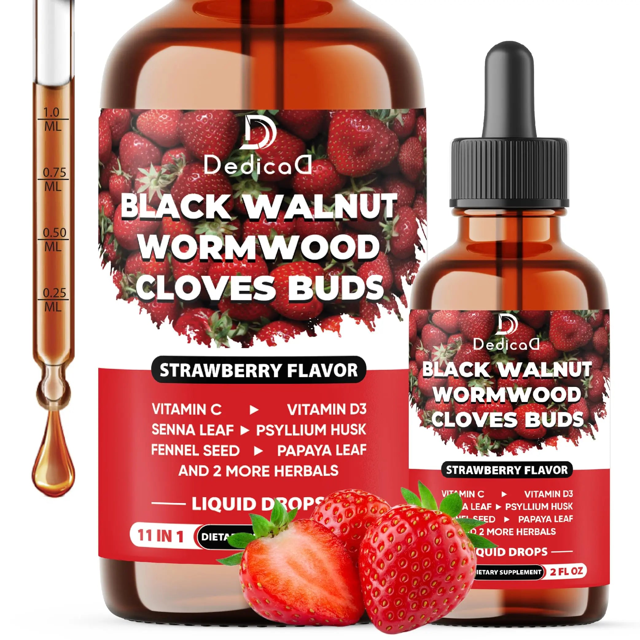DEDICAD 11in1 Black Walnut Wormwood Cloves Liquid Drops with Cloves Buds, Senna Leaf, Psyllium Husk, Fennel Seed, Papaya Leaf and More - 2 oz Fl - 60 Days - Strawberry Flavor DEDICAD Au supplements