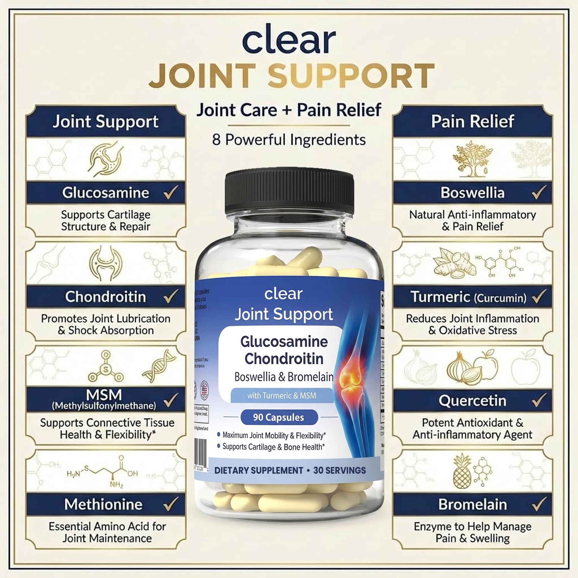 Glucosamine Chondroitin MSM with Turmeric & Boswellia 540 Capsules | 8-in-1 Joint Support Supplement for Flexibility & Mobility | Joint Supplement for Men & Women – Supports Back, Knees, Hips & Joints Clear Probiotics Au supplements