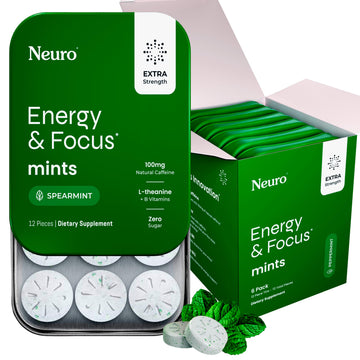 Neuro Energy & Focus Mints, Extra Strength - Sugar Free Breath Mints with 100mg Natural Caffeine, B Vitamins & L-Theanine - Vegan Brain Supplement for Exercise, Study & Daily Focus - Spearmint, 72 ct Neuro Au supplements