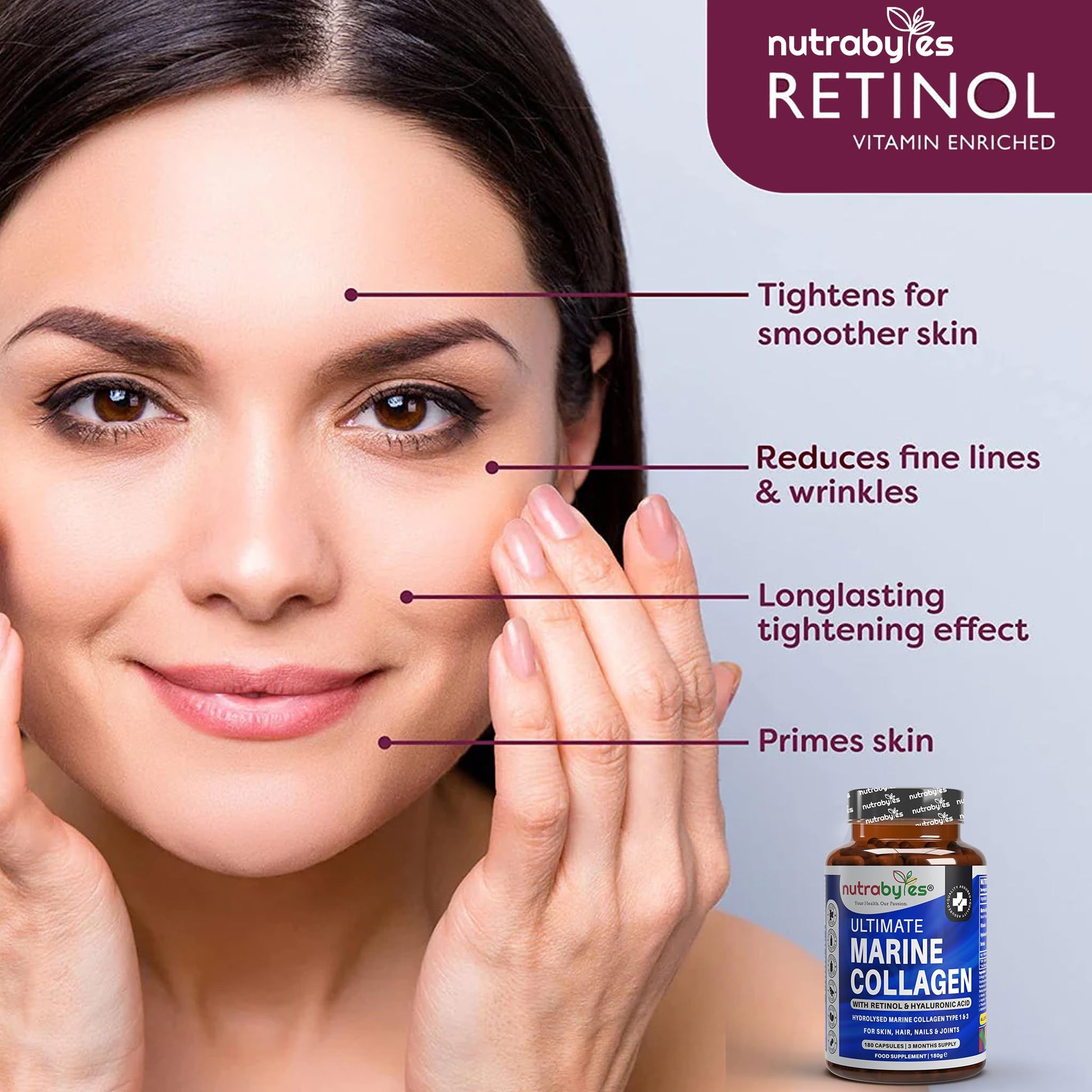 High Strength Marine Collagen with Hyaluronic Acid, Retinol and Vitamin C | 180 Capsules - 3 Months Supply NUTRABYTES Au supplements