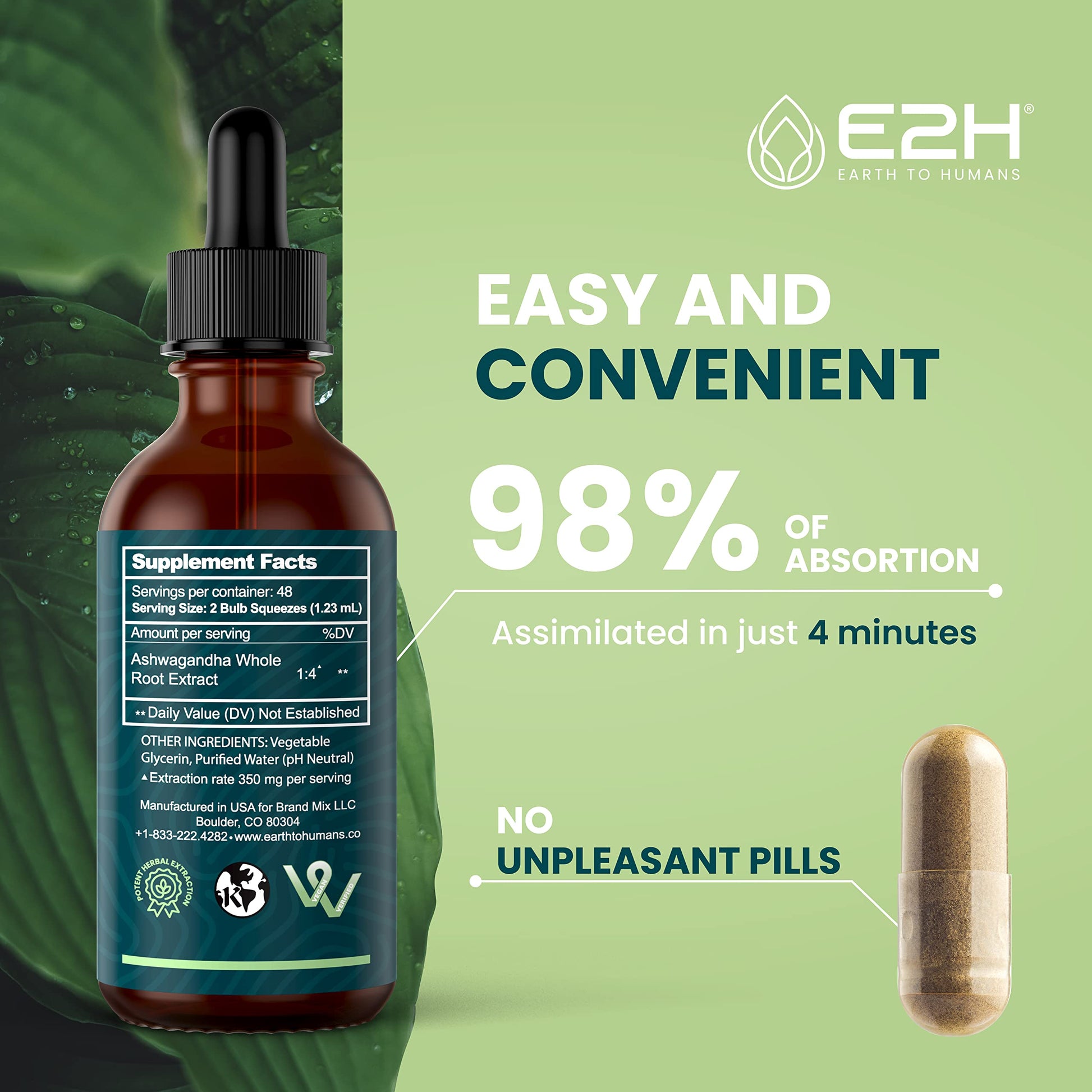 E2H Ashwagandha Liquid Drops - All-Natural Ashwagandha Supplement for Stress Relief and Mood Enhancer- Organic Ashwagandha Root Extract Effective Cortisol Manager | Non-GMO, Vegan | 2 Fl Oz E2H EARTH TO HUMANS Au supplements