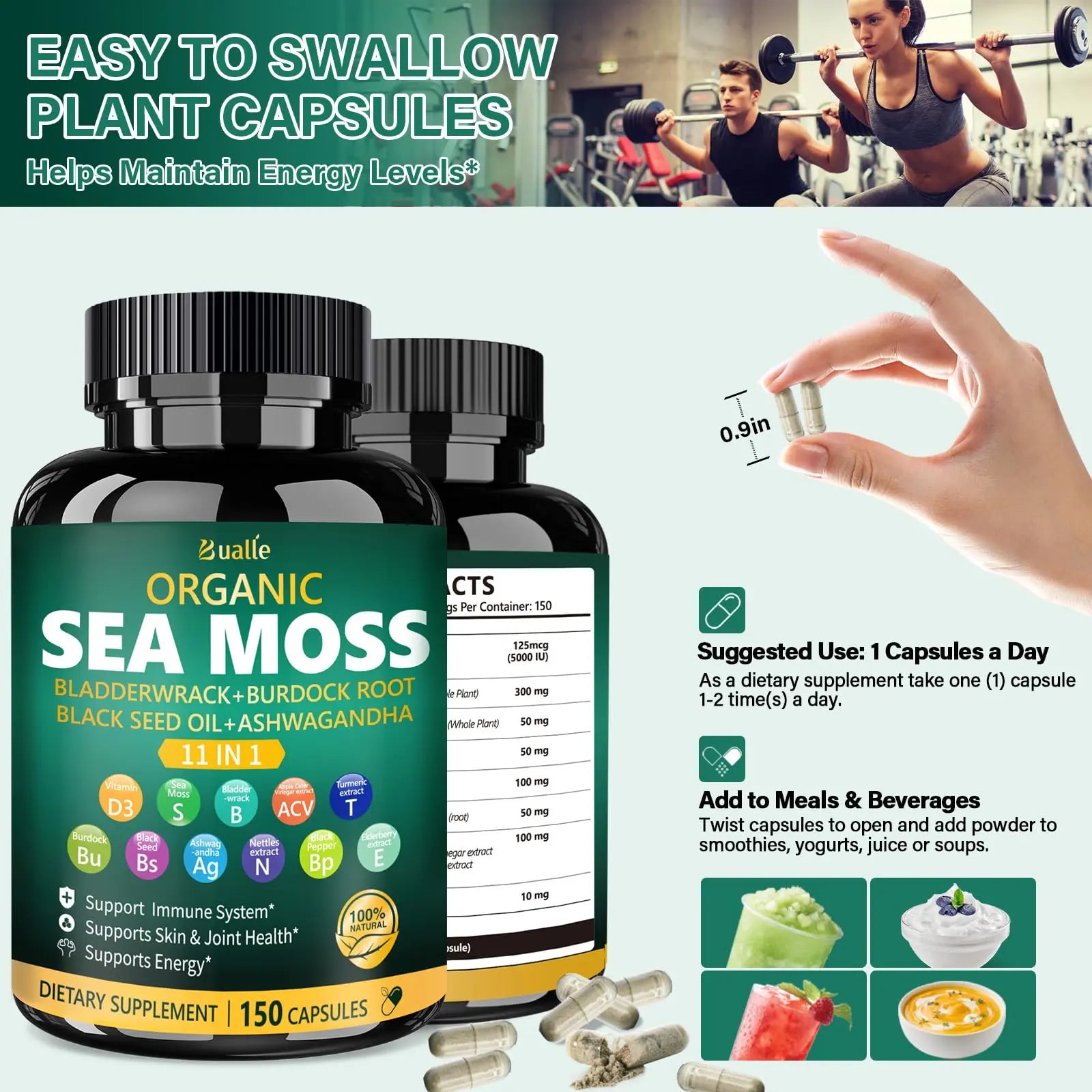 Bualle Irish Sea Moss Capsules – Organic Sea Moss, Black Seed Oil, Ashwagandha Supplements with Bladderwrack, Ginger & Burdock Root – Supports Daily Wellness, Skin & Energy – 150 Count (1 Pack) Bualle Au supplements