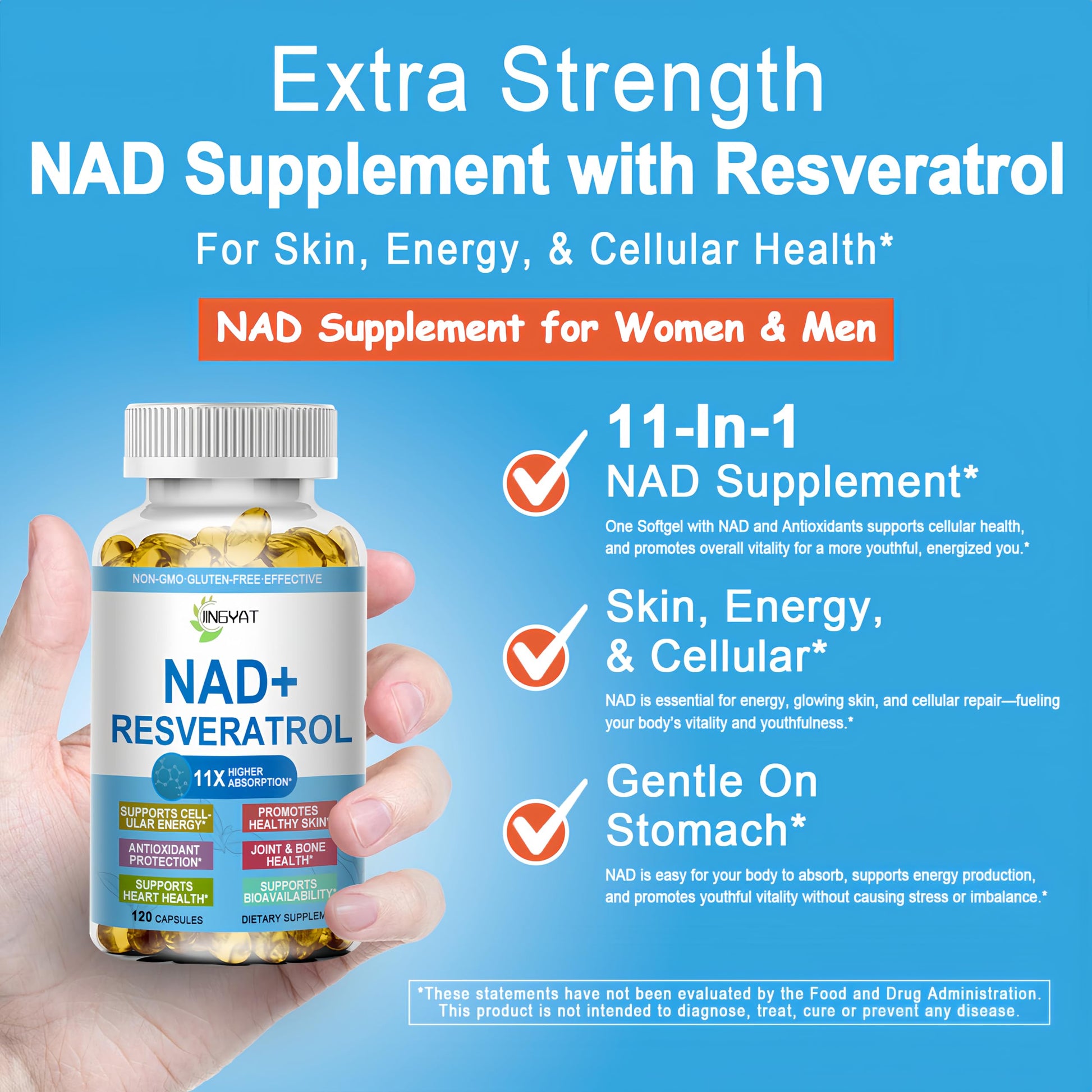 JINGYAT 11-in-1 NAD Supplement with Resveratrol, CoQ10, Quercetin, Collagen, Grape Seed for Cellular Energy, Mental Focus & Antioxidant Support - NAD Supplement for Women & Men, 120 Soft Capsules JINGYAT Au supplements