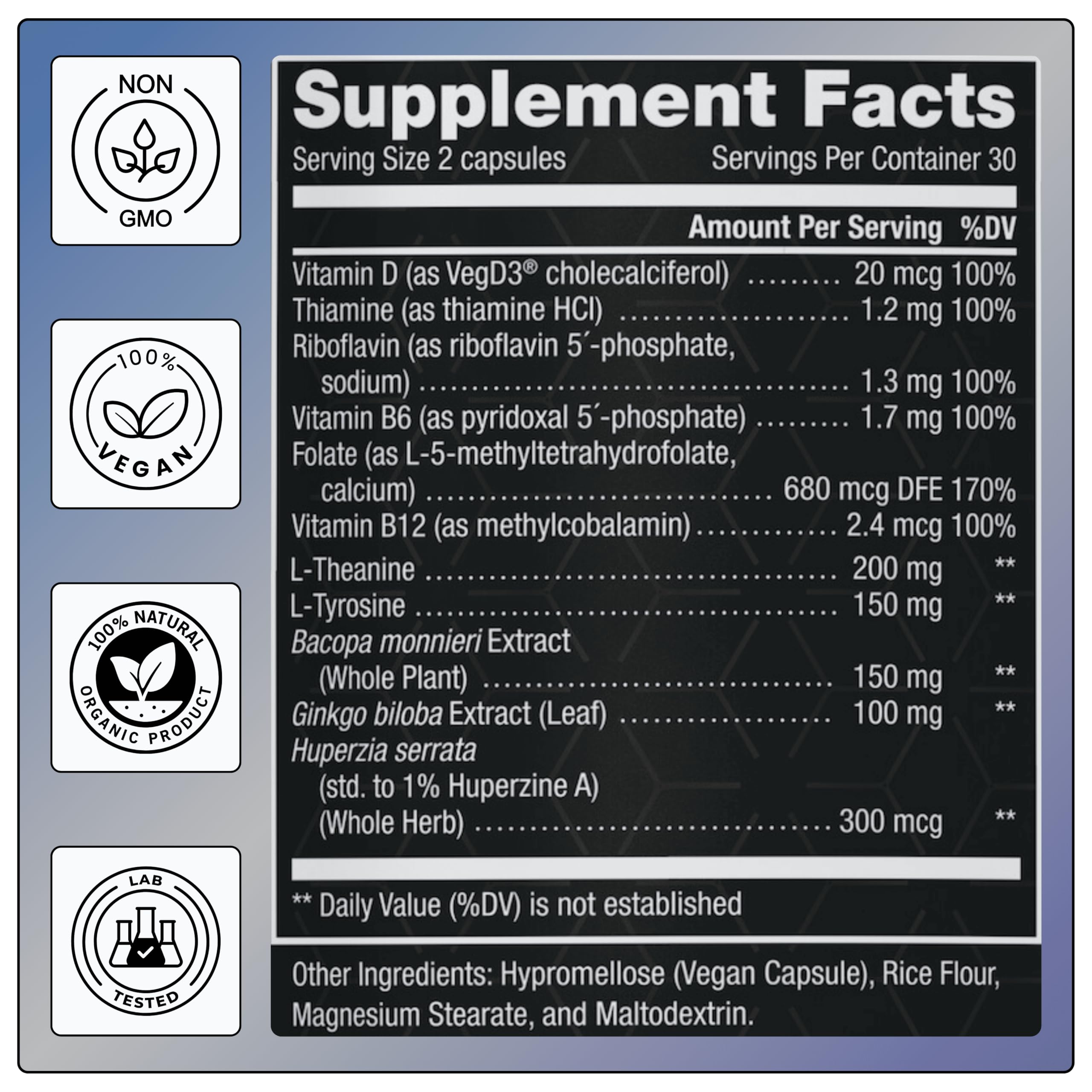 11-in-1 Nootropic Supplement: Supports Memory & Cognition - 100mg Ginkgo 150mg Bacopa 300mcg Huperzine 200mg L-Theanine 150mg L-Tyrosine & Bioactive B-Complex w/ 5-MTHF - 1,100mg+ Serving - 60 Count NOVIQ Au supplements