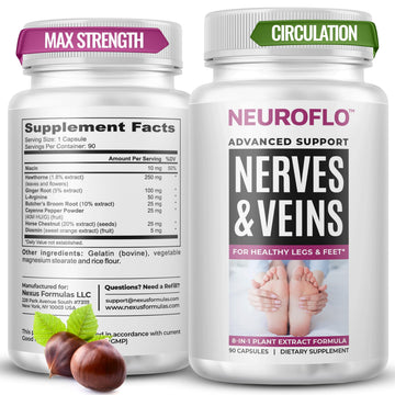 Mizzle Leg Circulation Supplement - Supports Nerves, Veins with 1470mg, 8 in 1 Capsule of Chestnut, Diosmin, Hawthorn for Maximum Relief in Toes, Feet, Ankles, Calves, Legs - Neuroflo Mizzle Au supplements