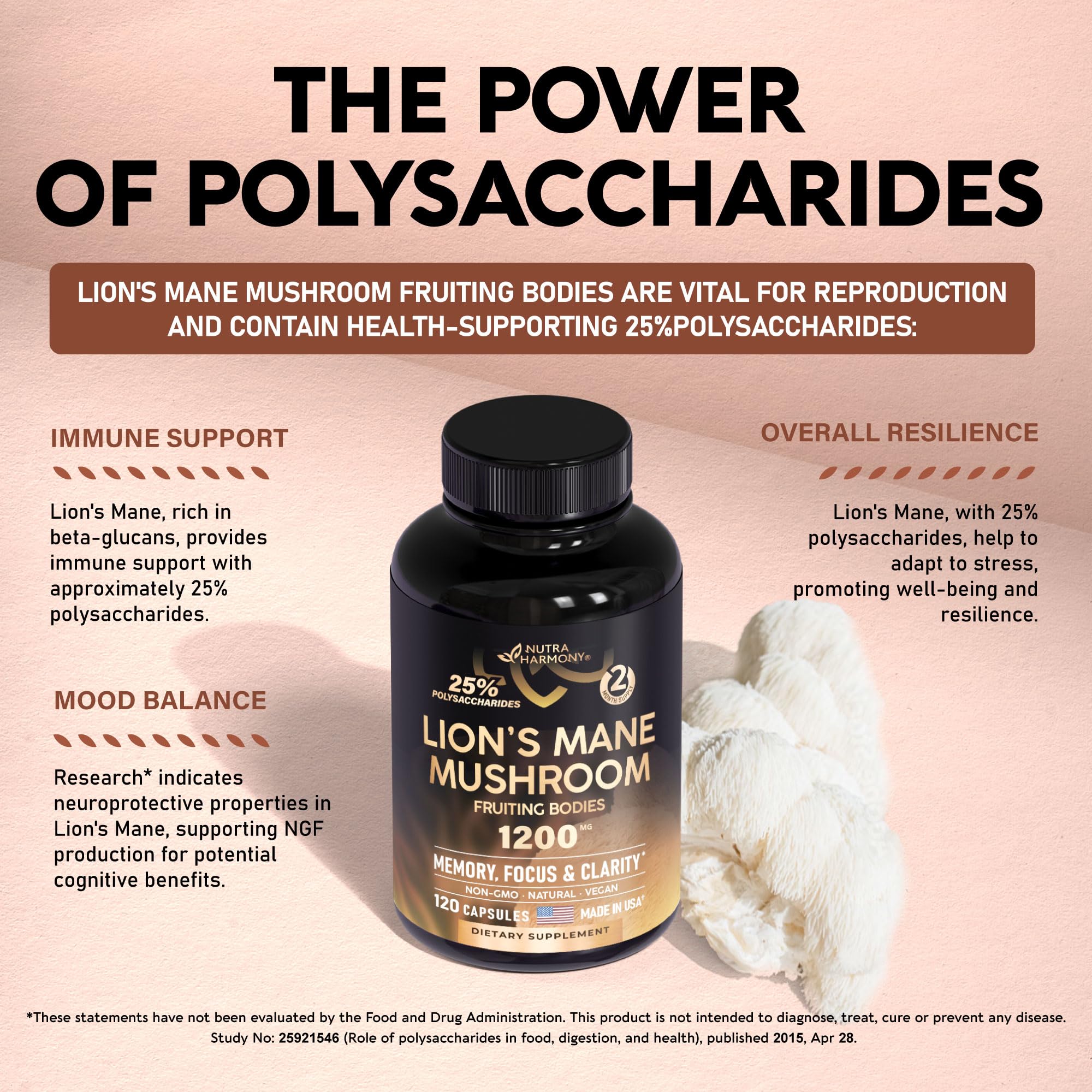 Organic Lions Mane - Certified Mushroom Supplement - Made in USA - Fruiting Bodies NUTRAHARMONY Au supplements