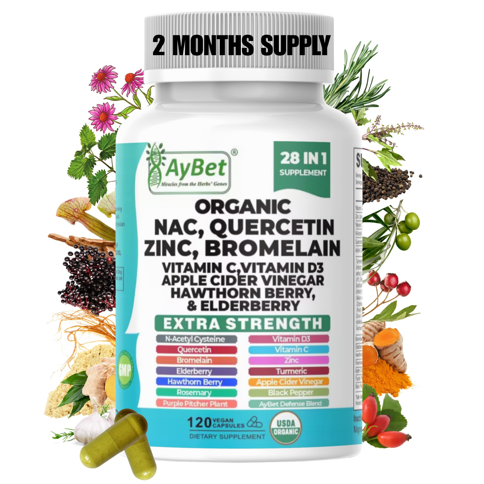 NAC-n-acetyl cysteine- Quercetin Zinc Bromelain Supplement | Extra Strength with Vit C, D3, Apple Cider Vinegar, Elderberry, Hawthorn Berry, Turmeric | Immune Support|120 Vegan Capsules | USDA Organic AyBet Au supplements