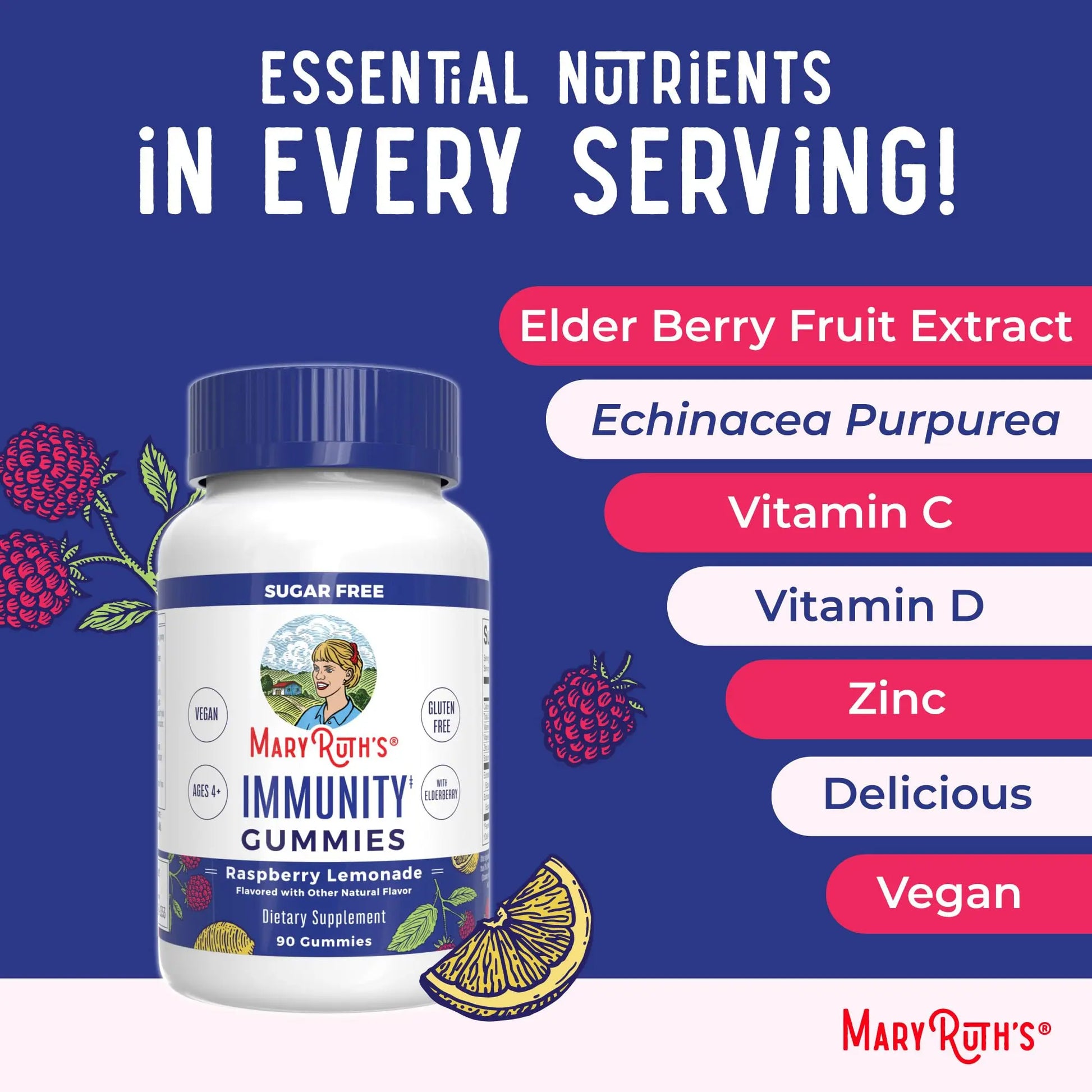 MaryRuth Organics Sugar Free Immunity Gummies | Powerful Blend | Elderberry Vitamin C & Zinc | Vitamin D3 & Echinacea | Immune Support Supplement | Gummies for Kids & Adults | Vegan | Non GMO | 90ct MARYRUTH'S Au supplements