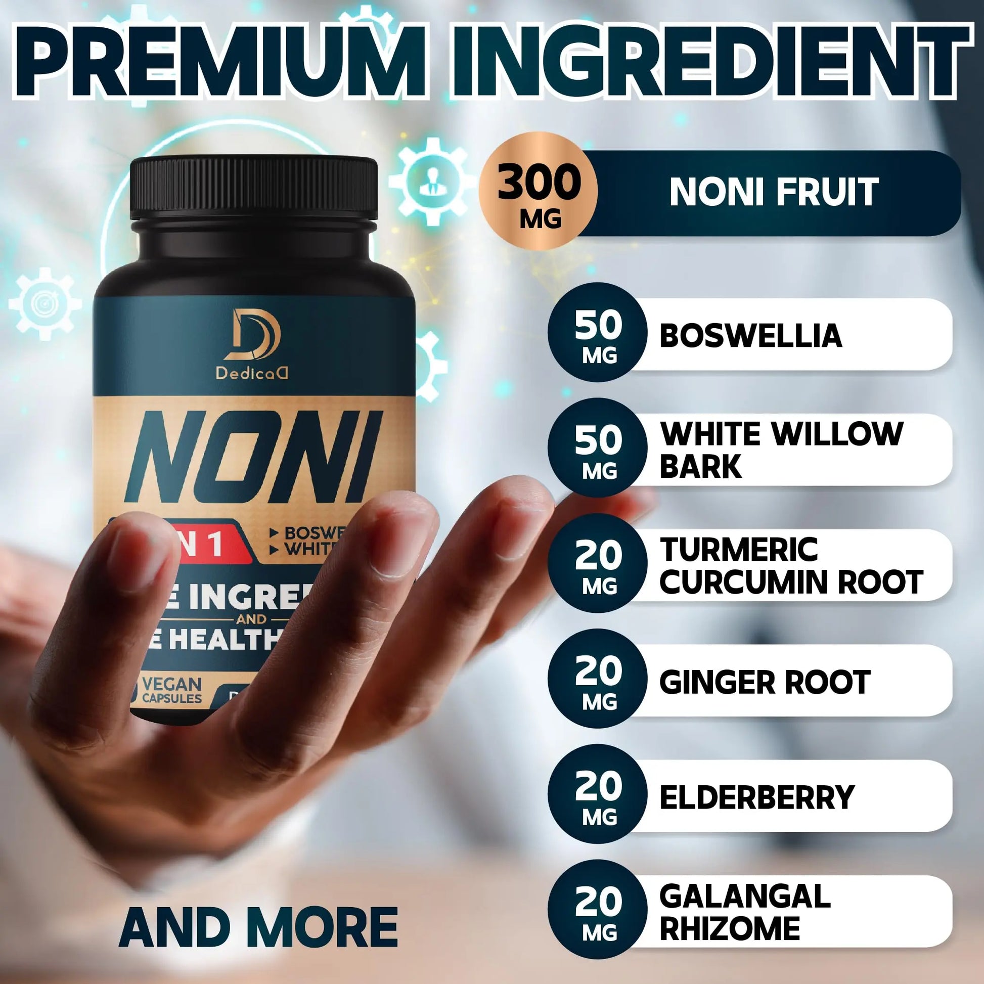 DEDICAD 10in1 Noni Capsules - 4 Month Supply with Elderberry, Boswellia, Turmeric, Ginger & More - Support Muscle, Joint, Digestive & Immune - 2 Packs of 60 Vegan Capsules, Non-GMO & Gluten-Free DEDICAD Au supplements