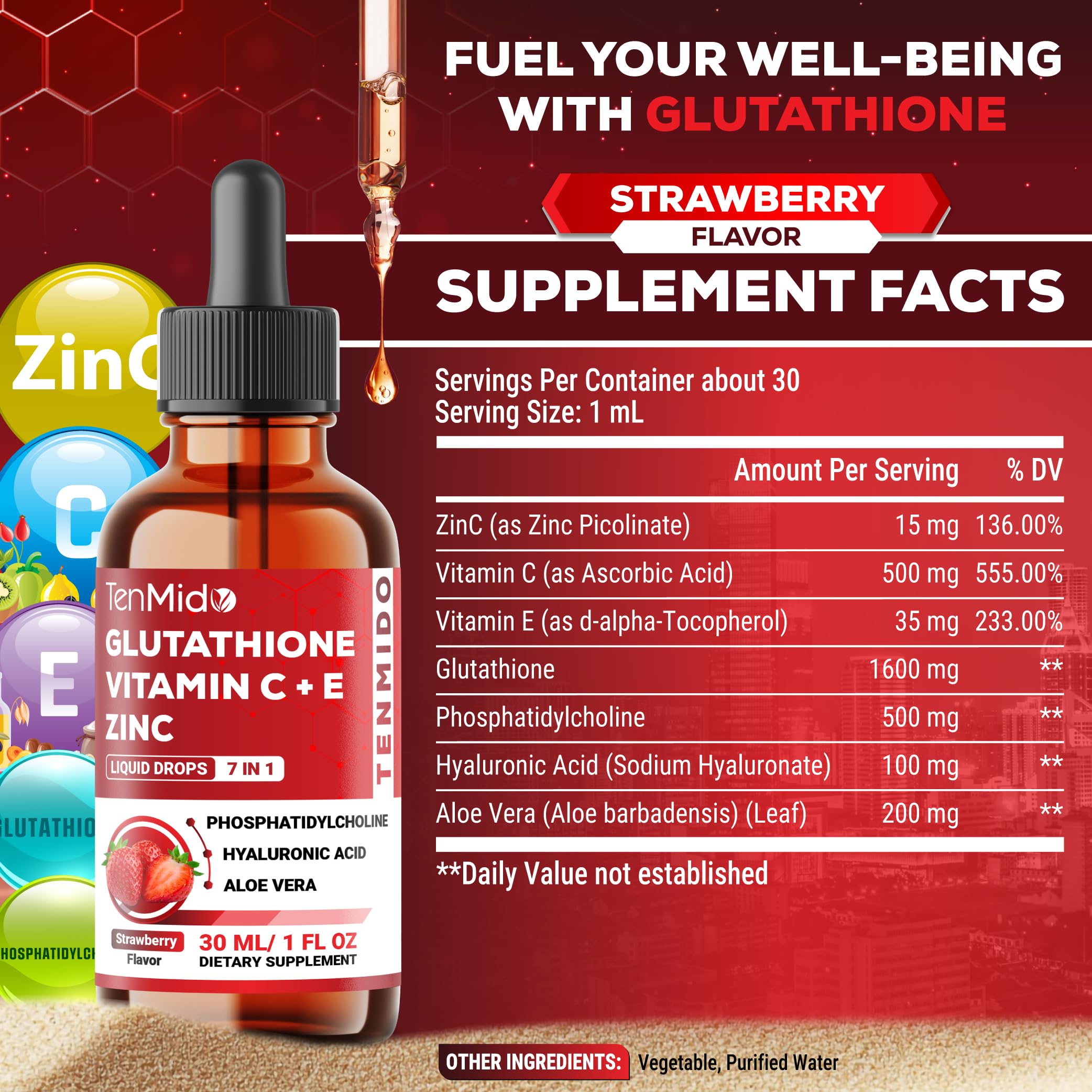 Tenmido Liposomal Glutathione Supplement - 7in1 Liquid Drops with Zinc, Vitamin C, Vitamin E, Phosphatidylcholine, Hyaluronic Acid, and Aloe Vera - Vegan, Non-GMO - 30ml 1 Fl Oz Tenmido Au supplements