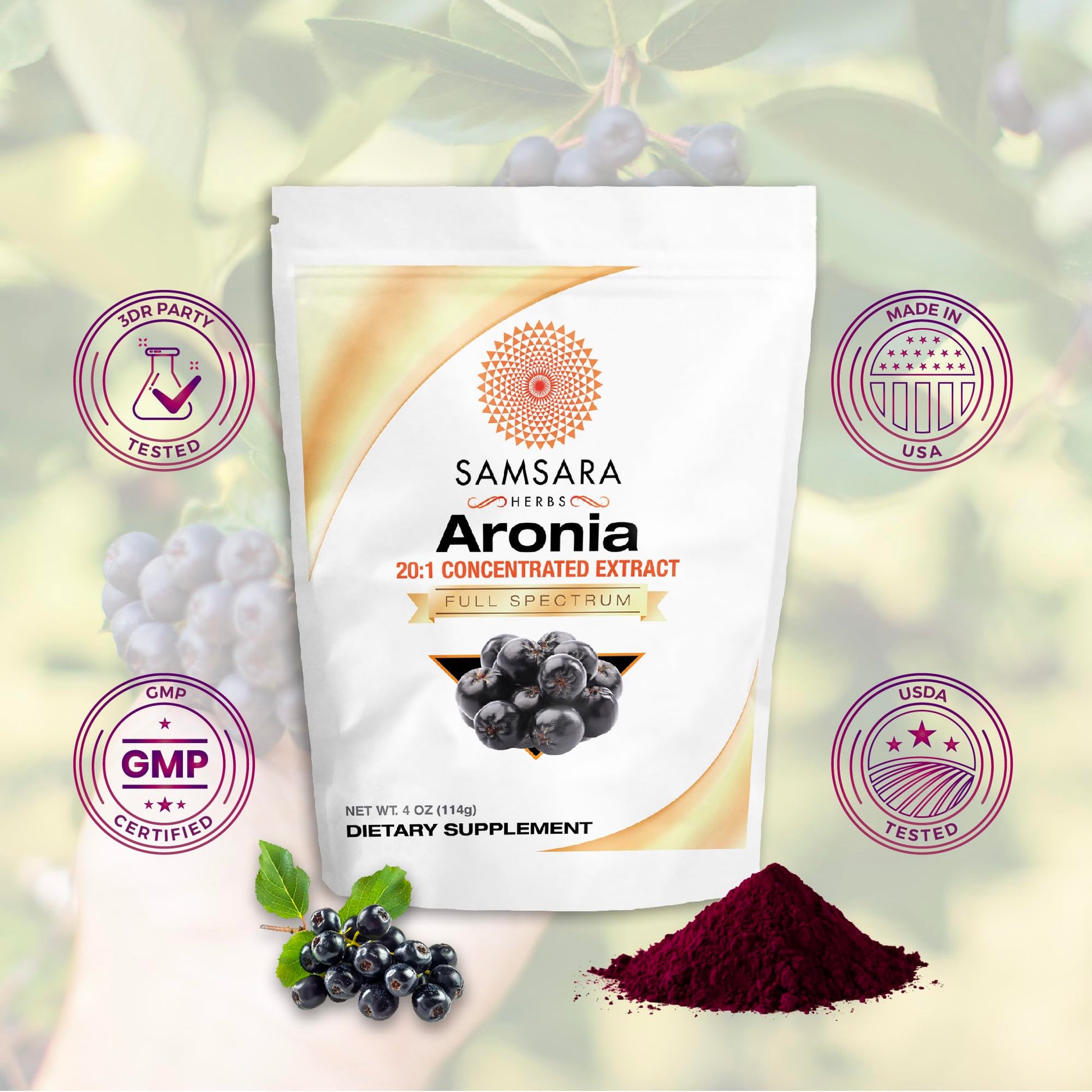 Samsara Herbs Aronia Berry 20:1 Extract Powder (16oz/454g) - Antioxidant, Flavonoids and Polyphenols Supplement - High ORAC - Native American Berry - Improved Wellbeing Samsara Herbs Au supplements
