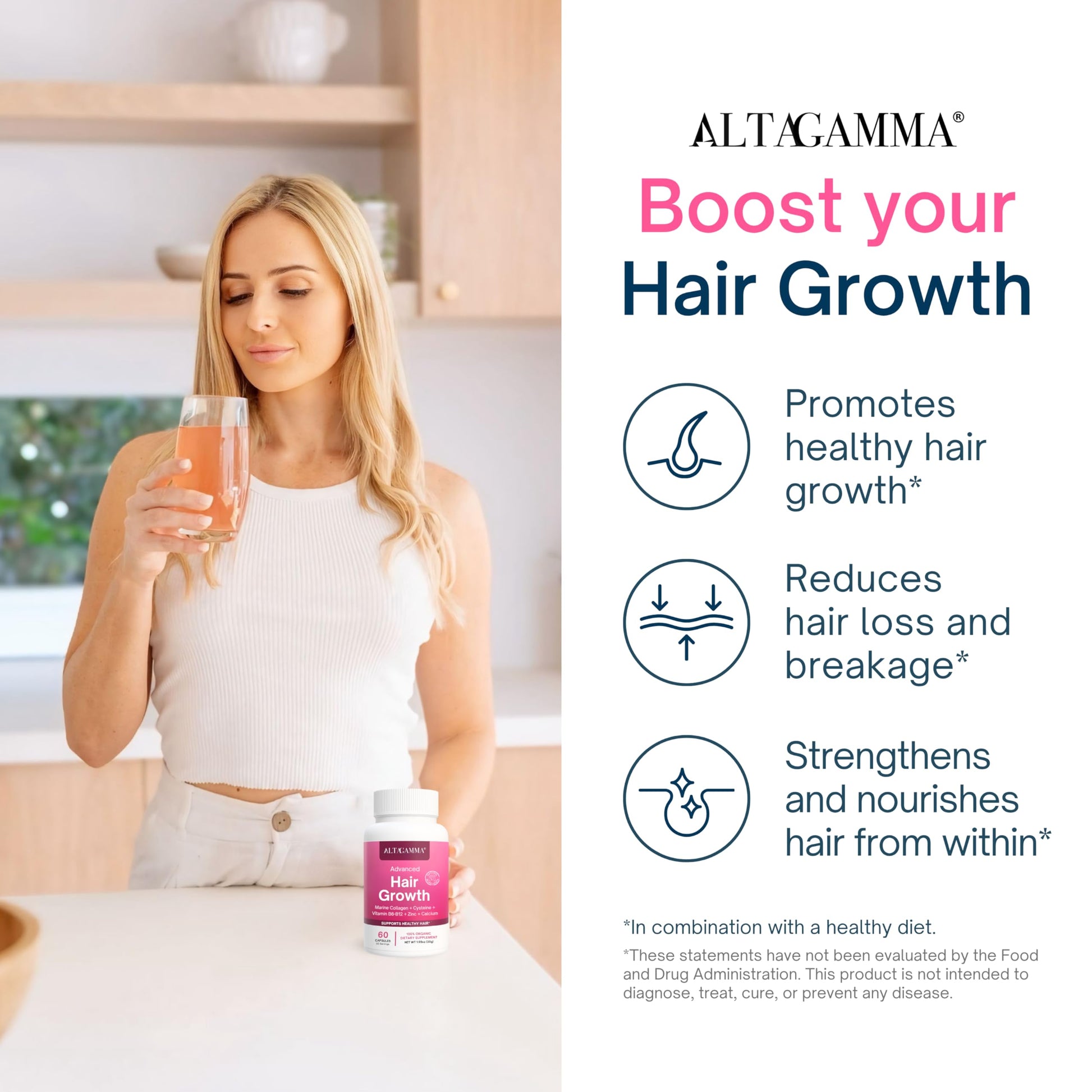 ALTAGAMMA Hair Growth Supplements - Nourishes Thinning, Strengthen Nails & Skin & Combat Hair Loss - Hair Growth Vitamins for Women & Men with Marine Collagen Peptides, 60 Capsules | 30 Day Supply ALTAGAMMA Au supplements