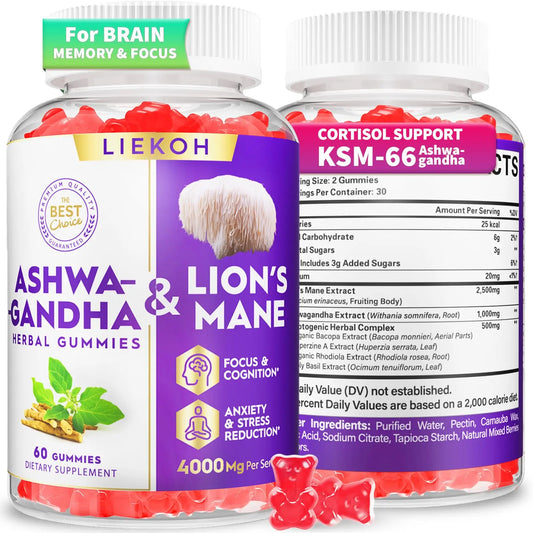 Ashwagandha Gummies - Organic Ashwagandha & Lions Mane Gummies for Adults with 4 Adaptogenic Herb for Stress, Cognitive & Immune Support| Cortisol Supplements for Women & Men, Berry Flavor - 60 Counts LiekohAU supplements