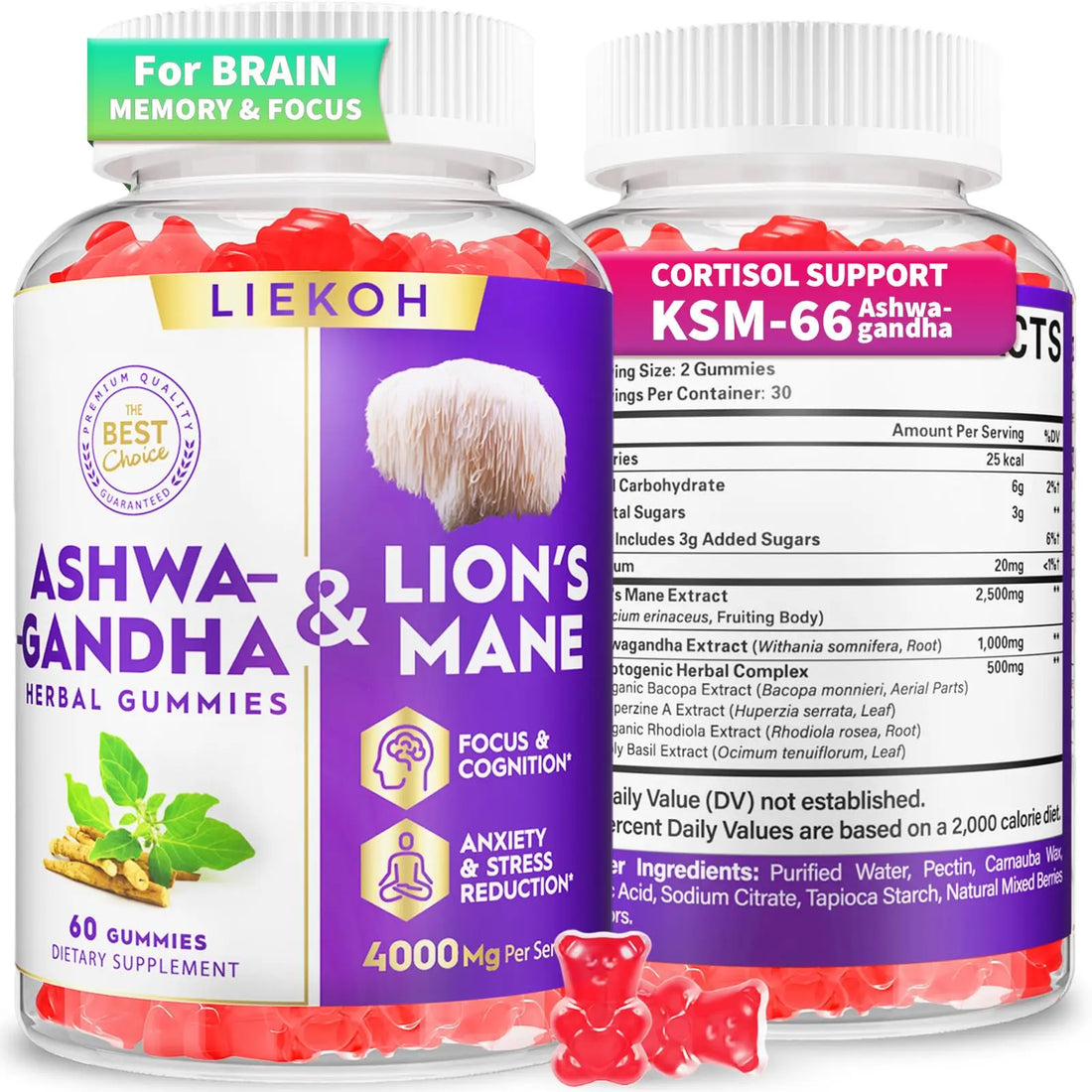 Ashwagandha Gummies - Organic Ashwagandha & Lions Mane Gummies for Adults with 4 Adaptogenic Herb for Stress, Cognitive & Immune Support| Cortisol Supplements for Women & Men, Berry Flavor - 60 Counts Liekoh uk supplements