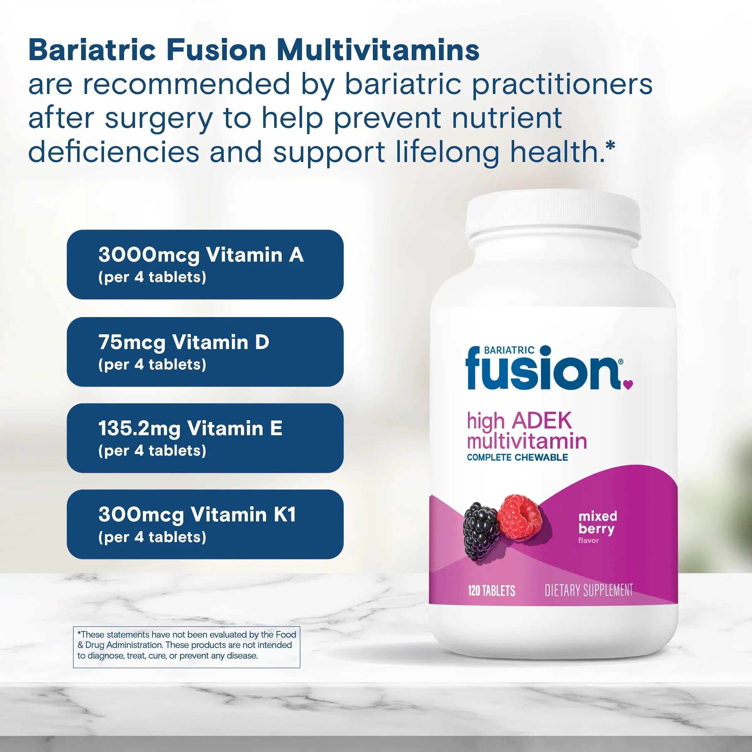 Bariatric Fusion Chewable Multivitamin with High ADEK Vitamins | Multi for Duodenal Switch Patients | Mixed Berry Flavored Tablets | Bariatric Fusion Au supplements