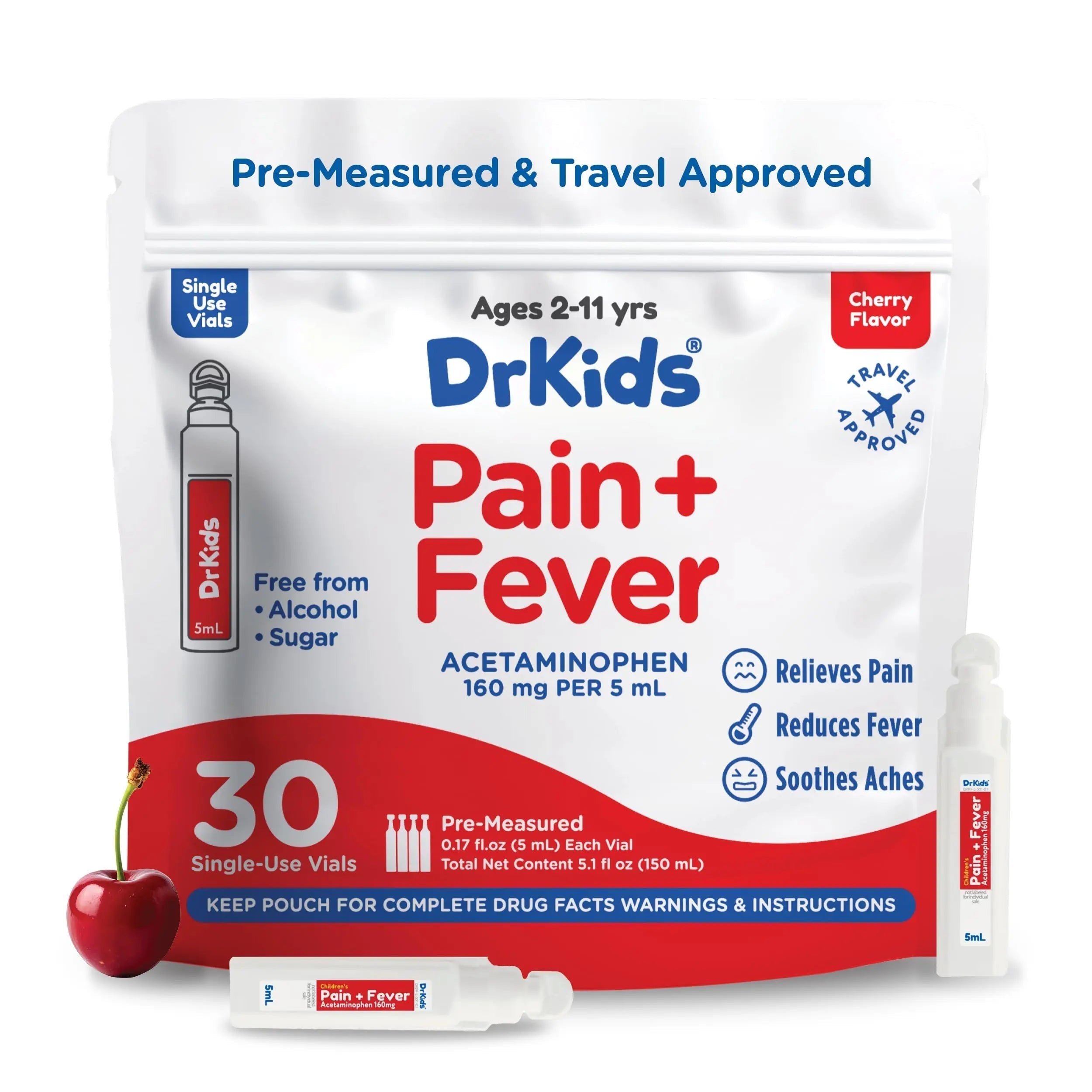 Dr. Kids Children’s Pain and Fever Medicine - Acetaminophen for Kids Ages 2-11, Pre-Measured Single-Use Vials for Headache, Sore Throat, Cold and Flu, Cherry Flavor, 30 Count Dr. Kids Au supplements