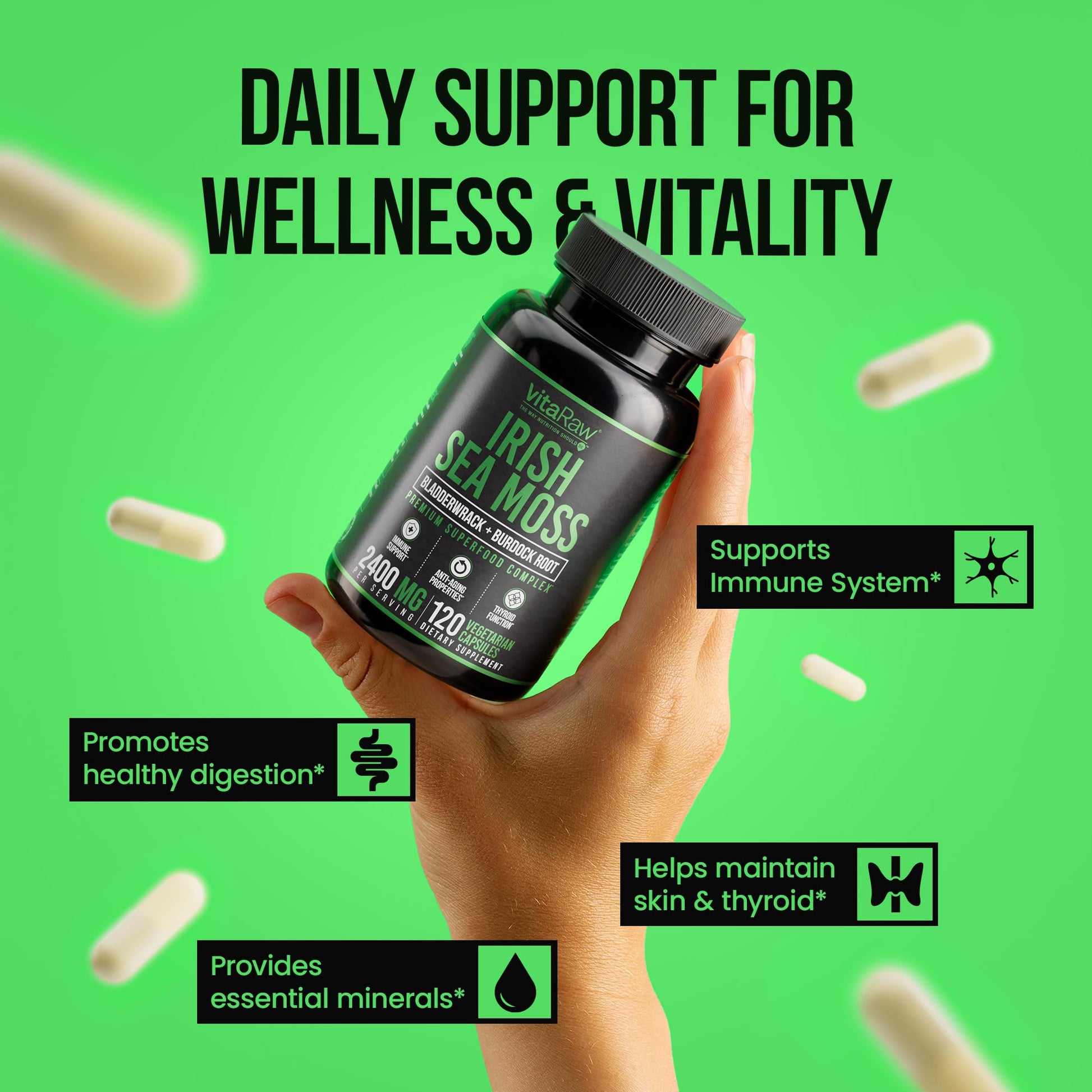 VitaRaw Organic Irish Sea Moss Capsules 2400 mg - Burdock Root and Bladderwrack Powder Real Seamoss Pills for Immune Support, Joint and Gut Health Help - Raw Sea Moss Advanced Herbal Supplement VitaRaw Au supplements