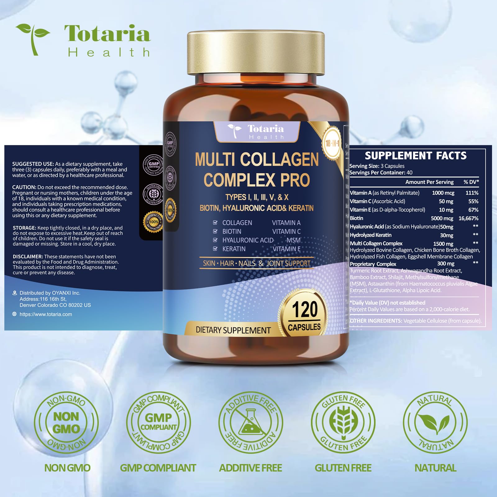 18-in-1 Collagen Pro with Hyaluronic Acid, Keratin, Biotin, VIT A C & E for Skin, Hair, Nails, Joint & Beauty - Multi Collagen Peptides Capsules with Type I II III V & X for Women & Men - 120 Caps Totaria Au supplements