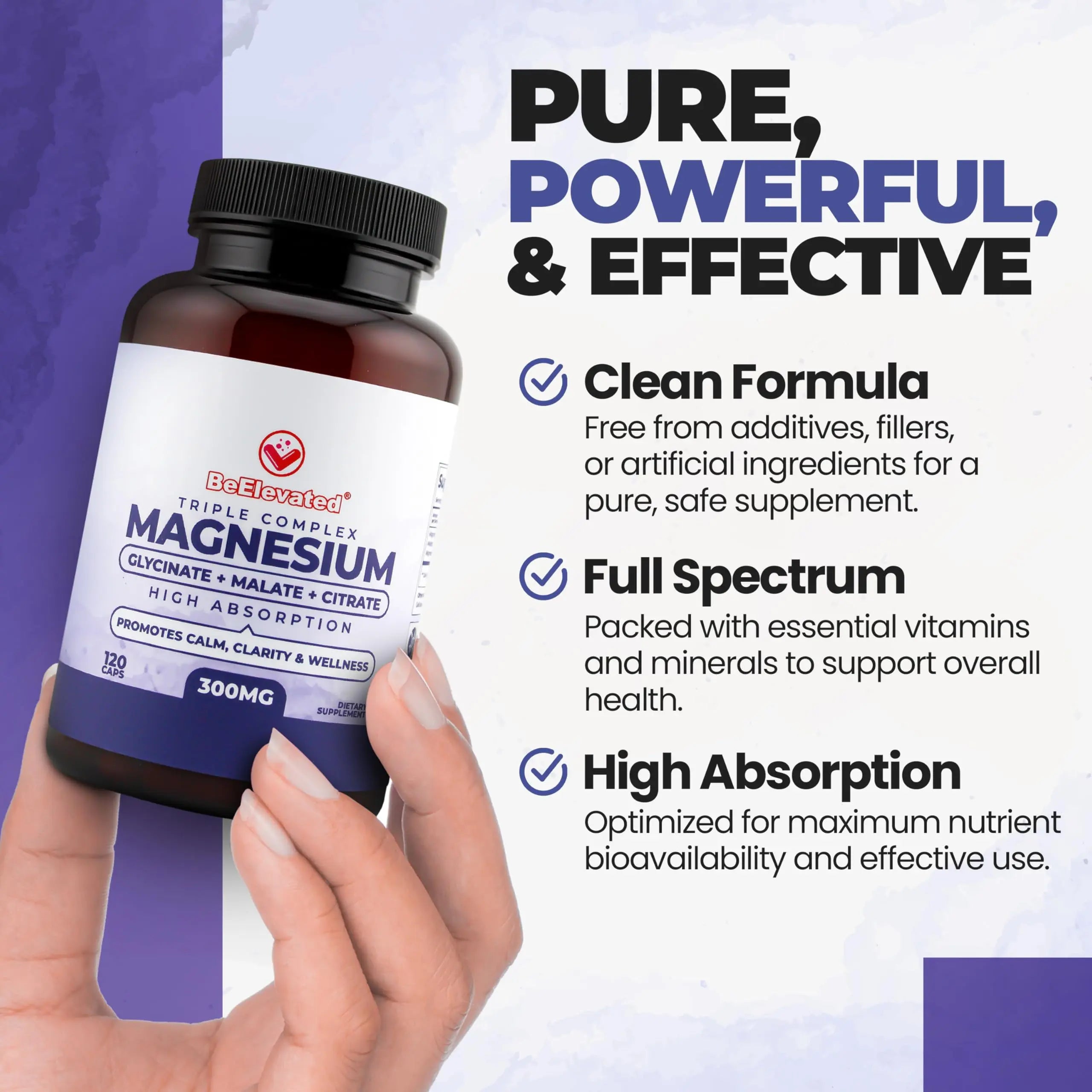 BeElevated High Absorption Triple Magnesium Complex for Sleep, Relaxation & Muscle Support – 300mg of Magnesium Glycinate, Citrate & Malate – Gentle on Stomach – Non-GMO, Vegan – 120 Capsules BeElevated Au supplements