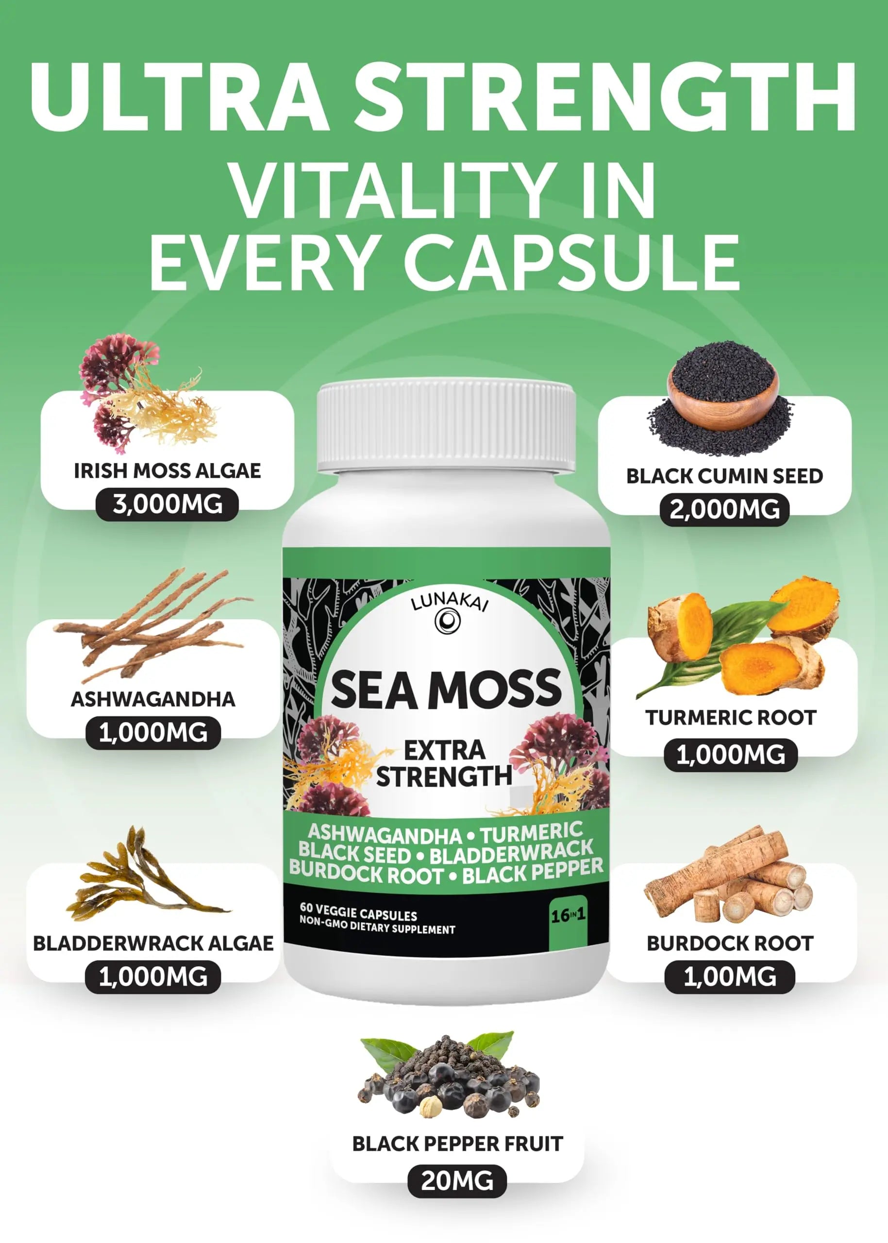Lunakai USA Made Superfood Fruits & Veggies Supplement & Irish Sea Moss Bundle with 4 Blends, Black Seed Oil & Ashwagandha for Immune & Wellness Support Lunakai Au supplements