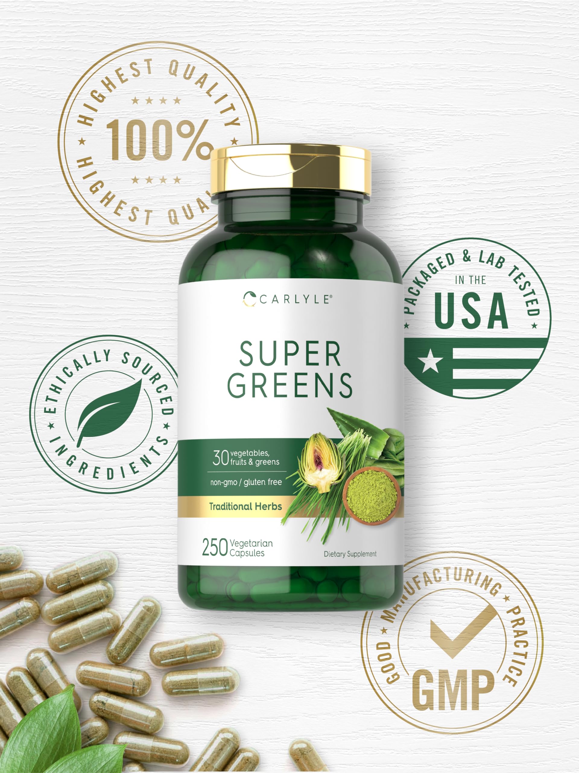 Carlyle Super Greens Capsules | 250 Count | Blend of 13 Vegetables and Greens Plus 17 Fruits | Non-GMO & Gluten Free Supplement Carlyle Au supplements