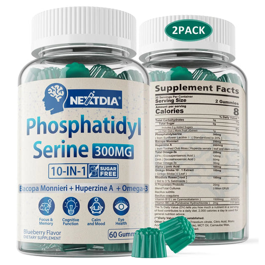 Phosphatidylserine - Nootropic Brian Supplement, Focus & Energy Gummies+ Bacopa Monnieri, Omega 3, Huperzine A, Methyl B12 & B6 for Seniors, Gamers, Workers, Non-GMO, Caffeine-Free, Sugar Free, 2 Pack NextdiaAU supplements