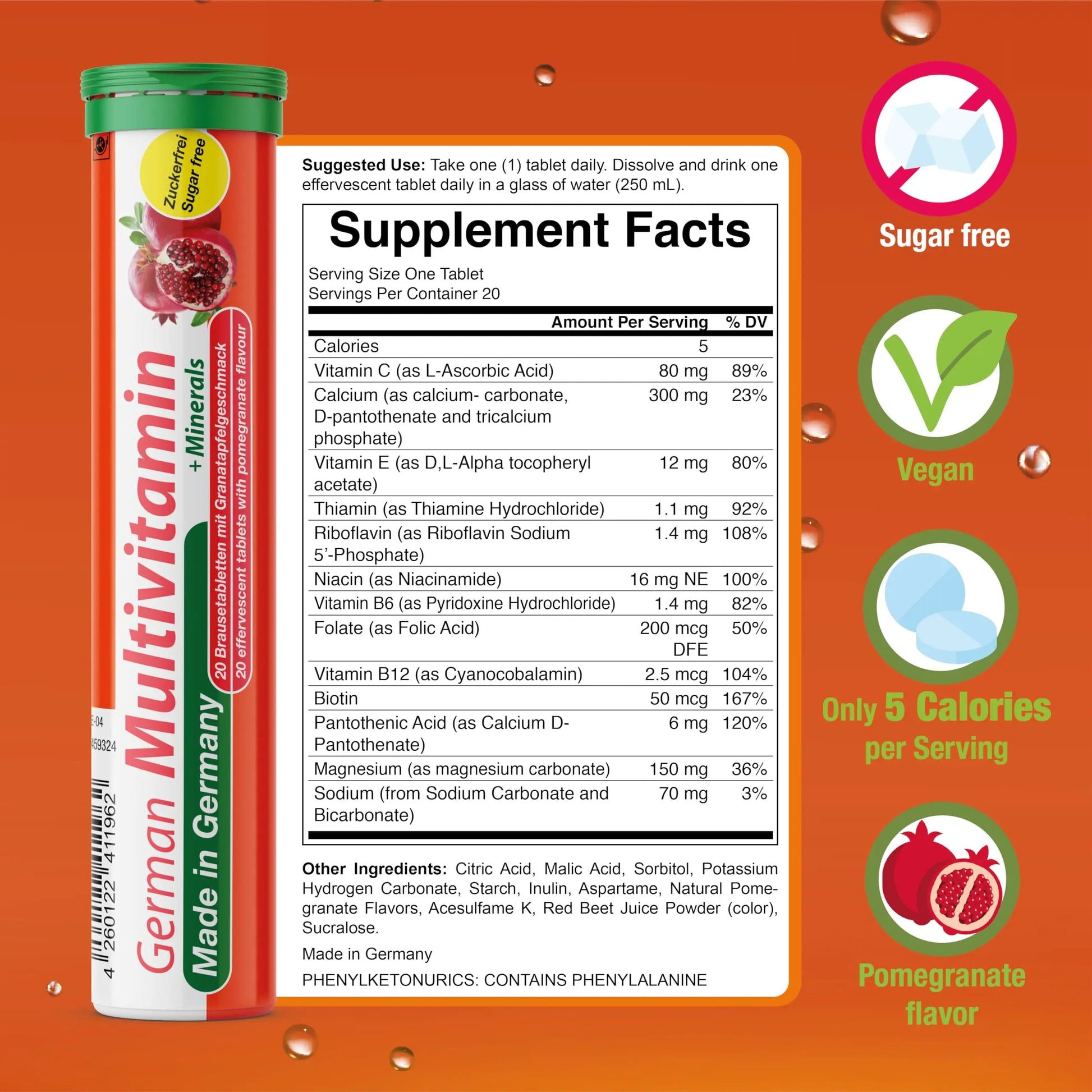 T&D German Multvitamin + Minerals 10 Vitamins 2 Minerals - 100 Vegan Drink Effervescent Tablets - Pomegranate Flavor T&D Au supplements