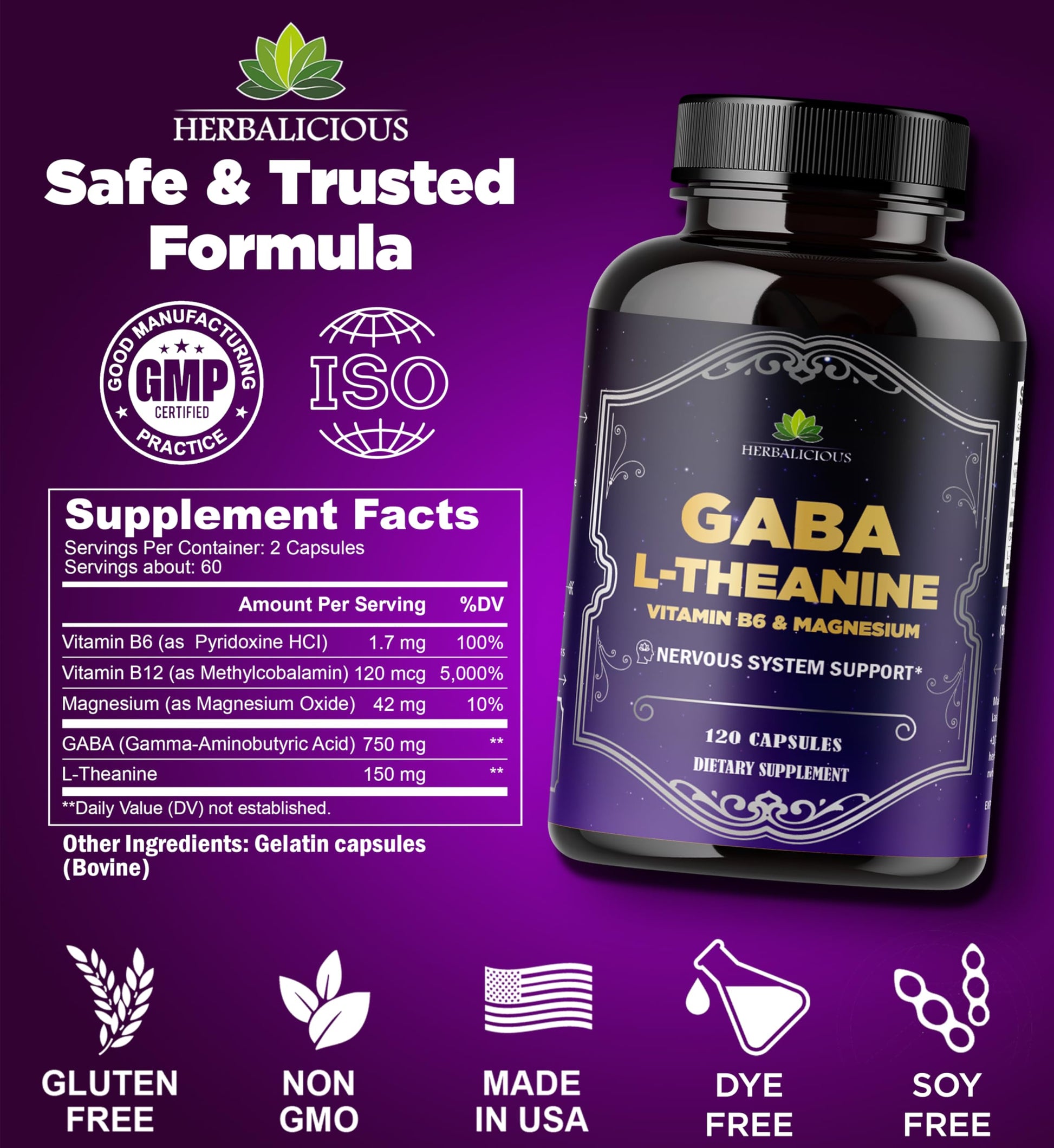 HERBALICIOUS GABA L-Theanine with Magnesium – Calm & Focus Support, Stress Relief, Relaxation + Mood Balance, Brain & Memory Support Supplement – Vitamin B6 + B12 Complex – 120 Capsules HERBALICIOUS Au supplements