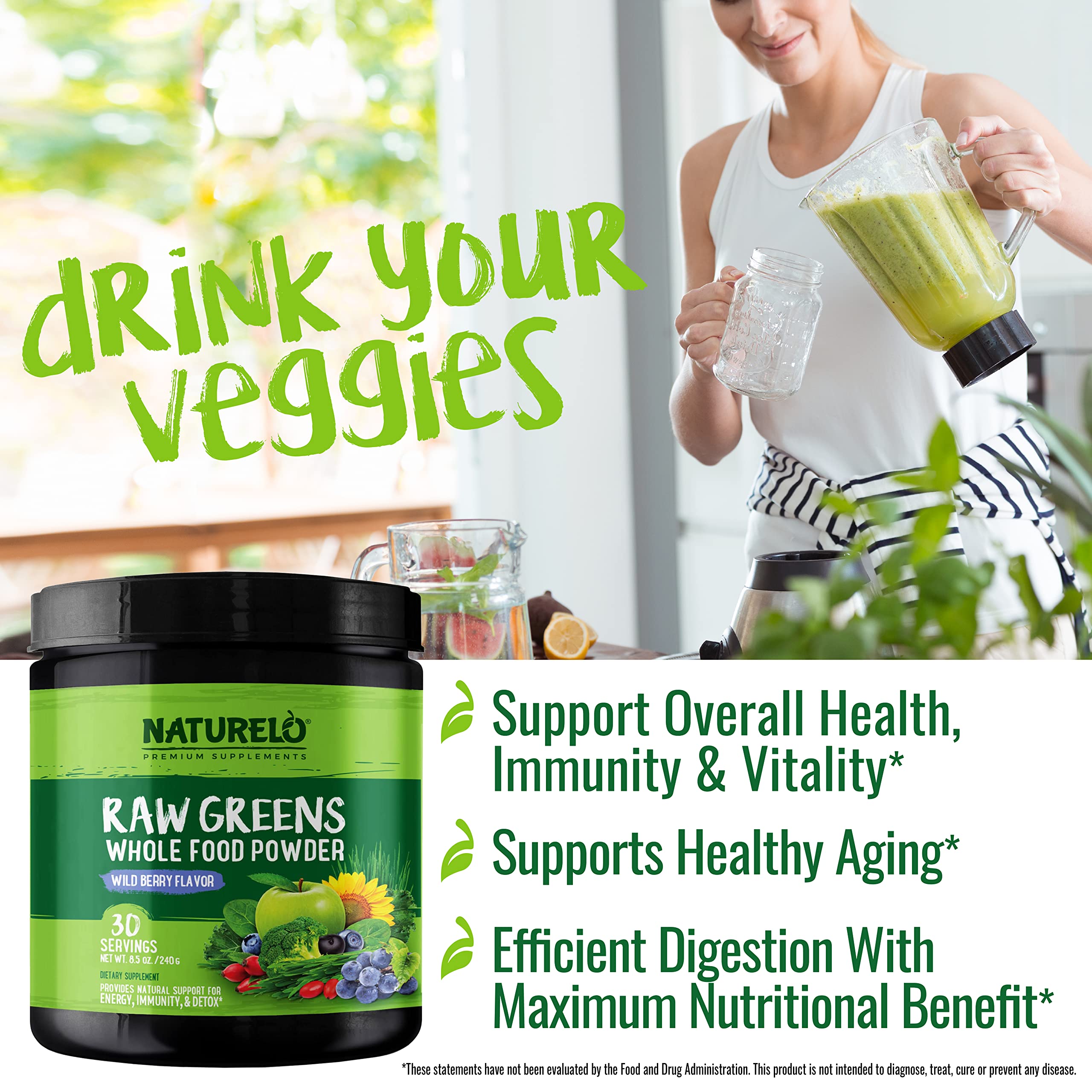 NATURELO Raw Greens Superfood Powder - Wild Berry Flavor - Boost Ener NATURELO Au supplements