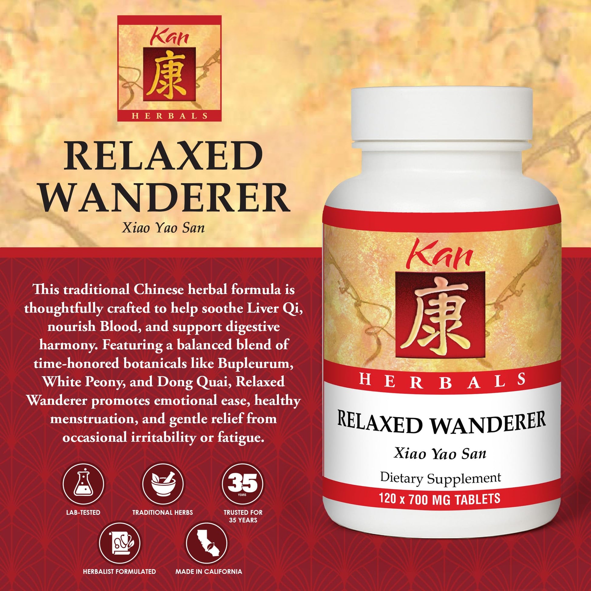 Kan Herbs Company Relaxed Wanderer – Traditional Chinese Herbal Formula to Support Mood, Digestion, and Menstrual Balance, Nourishes Blood, Eases Occasional Tension and Fatigue, 120 Tablets Kan Herb Au supplements