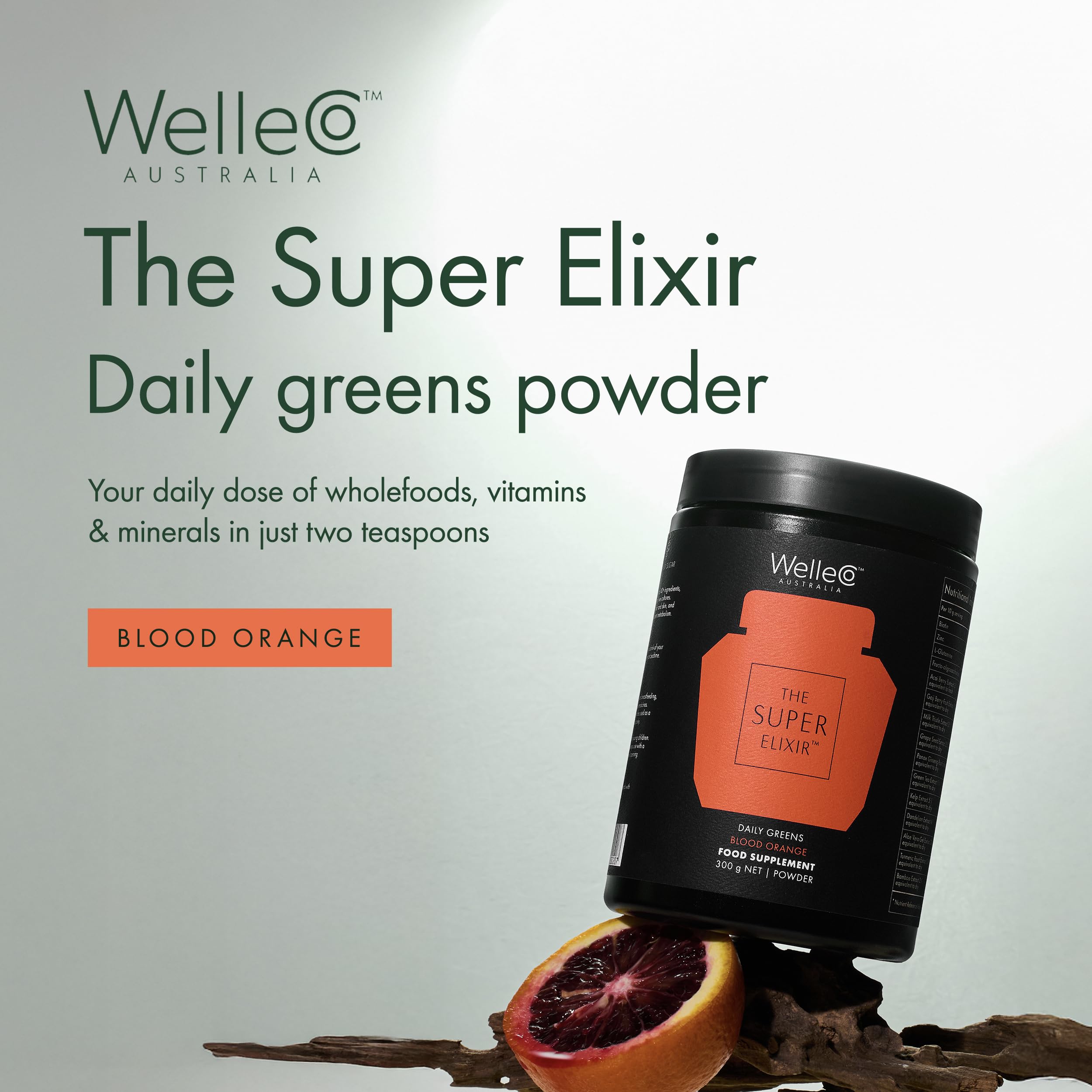 WelleCo The Super Elixir Daily Greens Powder, Probiotic Drink Mix with Whole Foods, Gluten Free, Vegan Gut Health Powder, Energy, Immunity, Healthy Skin, Hair & Nails (Jar, Blood Orange) WelleCo Au supplements