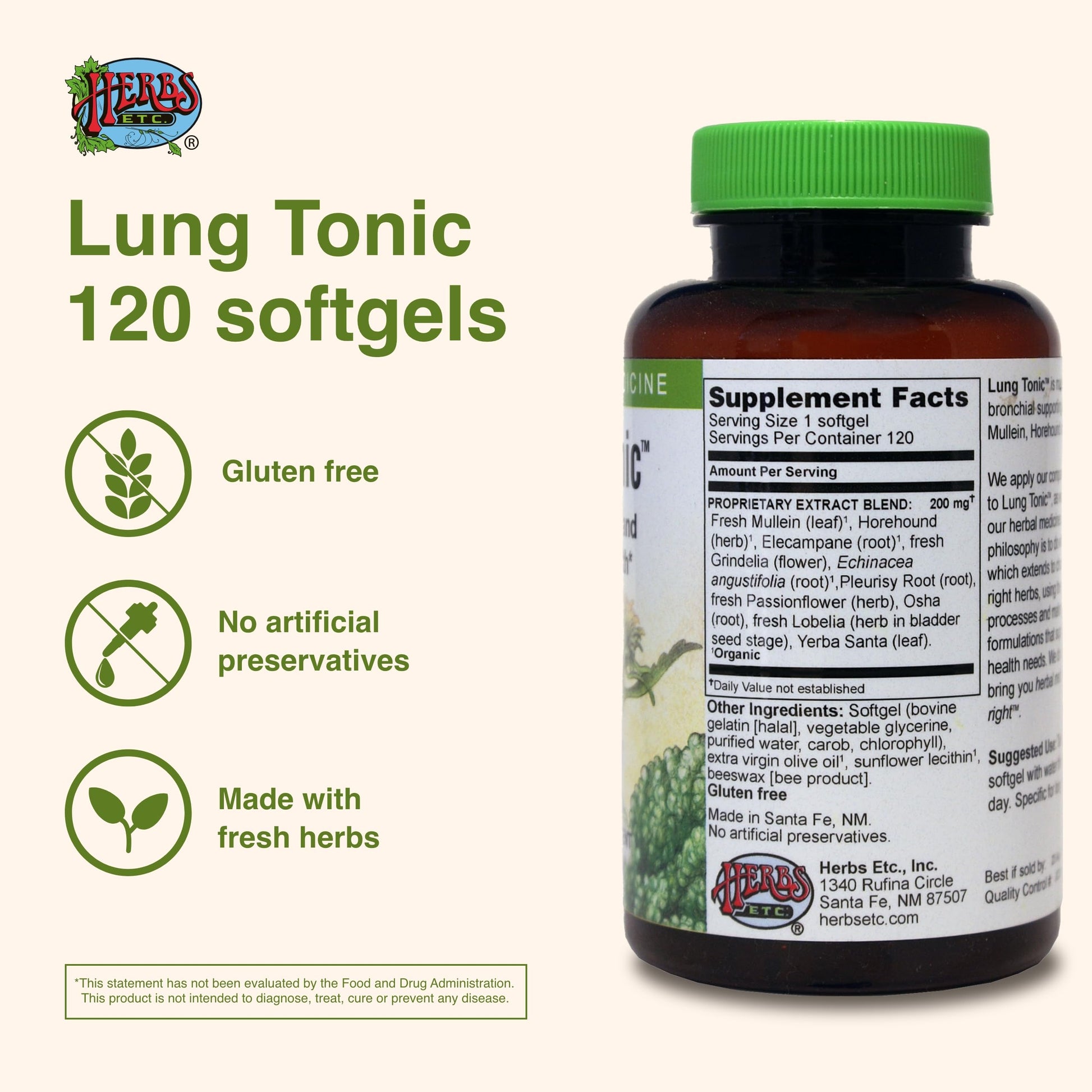 Herbs Etc. Lung Tonic - Lung Supplement for Bronchial Support - Healthy Breathing Support with Mullein, Horehound & Grindelia - 120 Softgels Herbs Etc. Au supplements