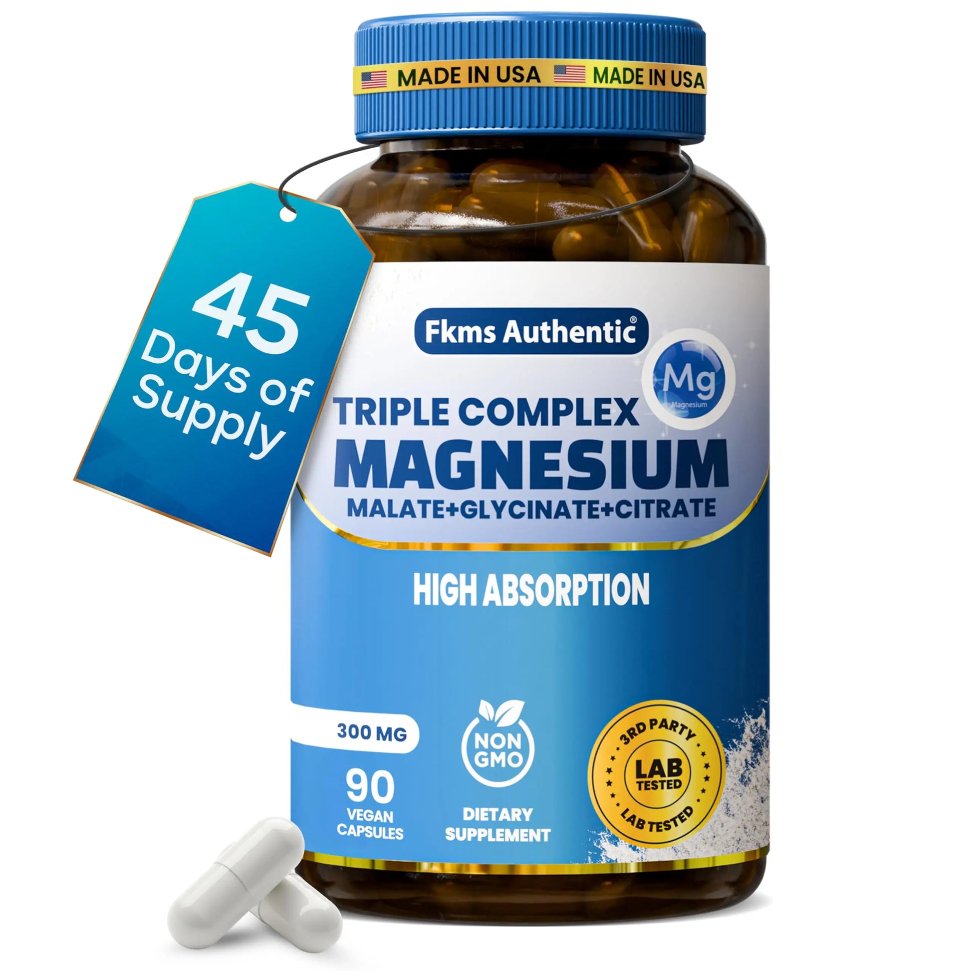 FKMS Authentic Triple Magnesium Complex | 300mg Magnesium Glycinate, Malate & Citrate for Sleep, Stress & Muscle Support | Non-GMO, Vegan, Gentle on Stomach | High Absorption | 90 Capsules FKMS AUTHENTIC Au supplements