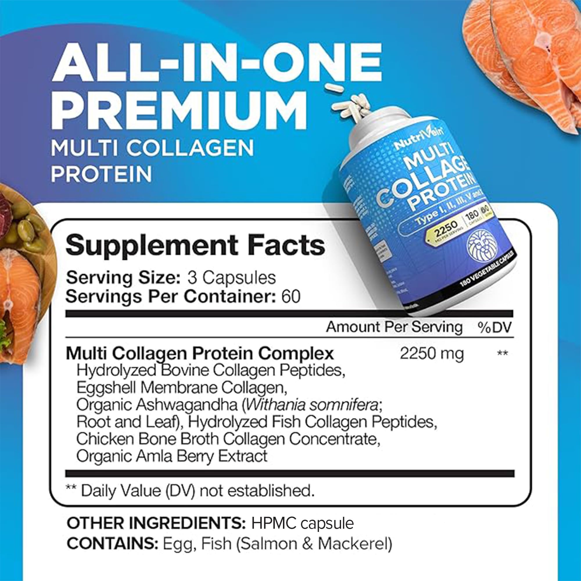 Nutrivein Premium Multi Collagen Pills 2250 mg - 180 Easy-to-Swallow Collagen Capsules: Type I, II, III, V, X Hydrolyzed Protein Peptides for Women and Men - Aging, Joints, Hair, Skin, Bones, & Nails Nutrivein Au supplements