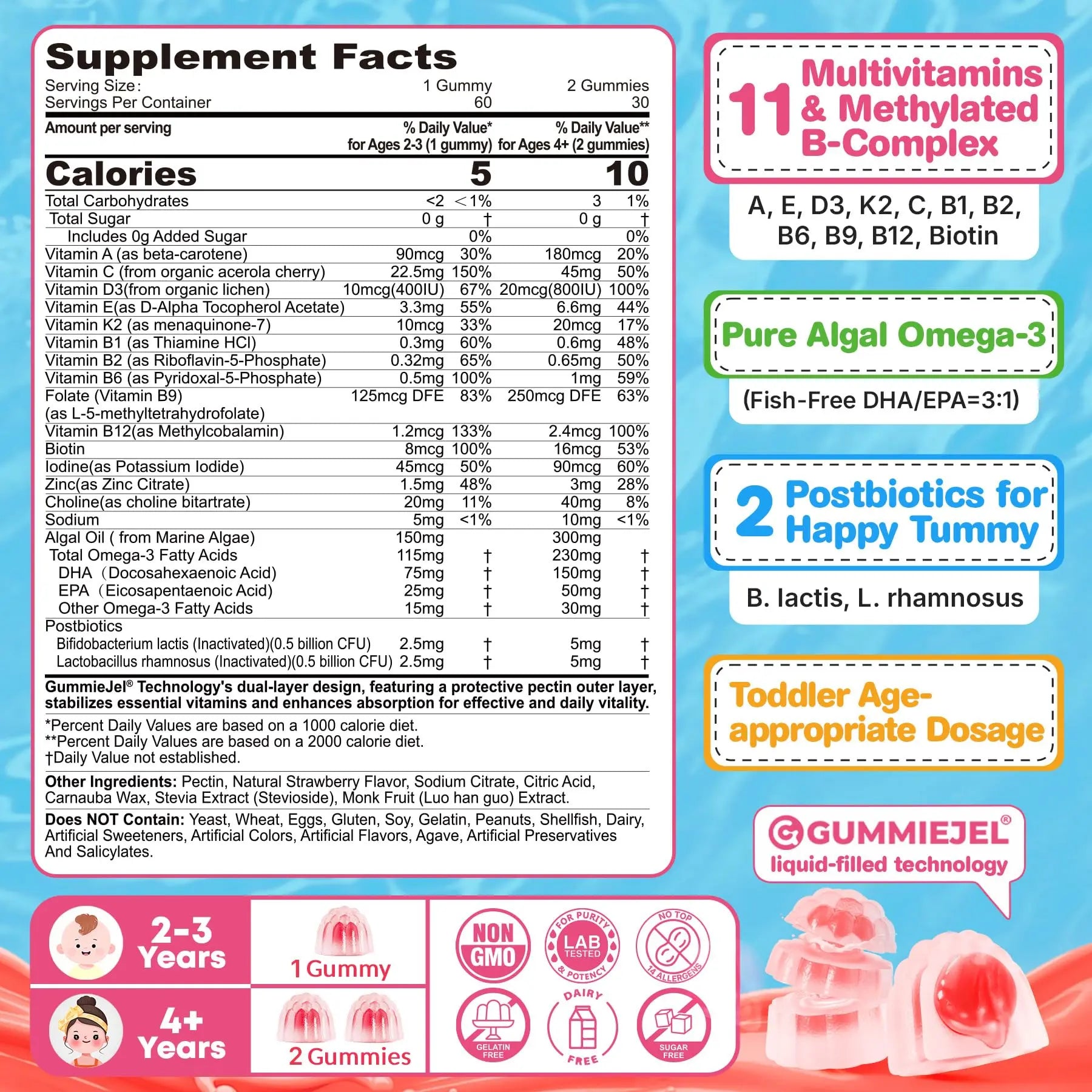 Organic Toddler Multivitamin Gummies + Omega-3 (DHA/EPA), Postbiotics | kids 2+ multivitamin | Vitamins A C D3 Methyl B12 Folate Zinc EnvyCure Au supplements