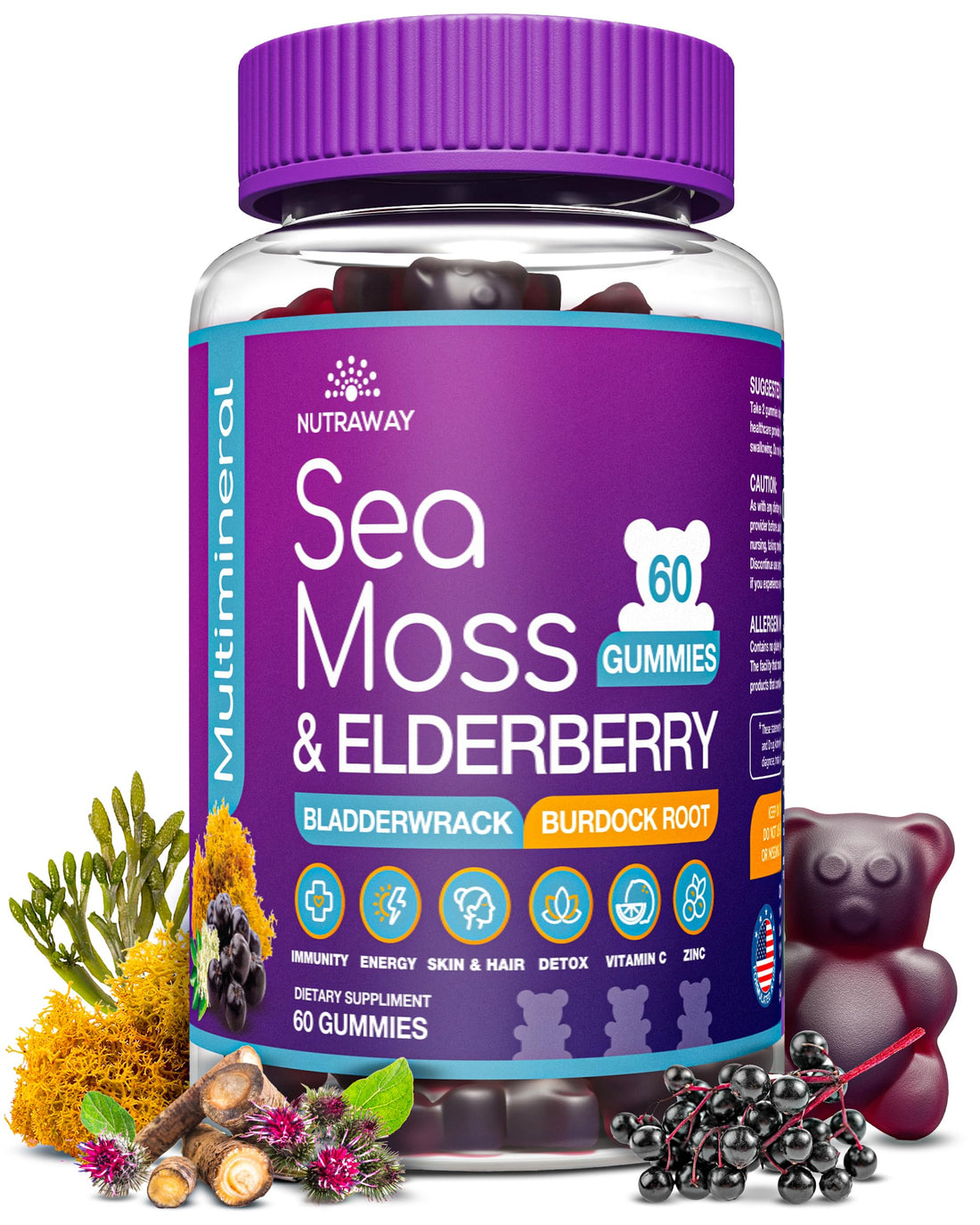 NUTRAWAY LABS Sea Moss Gummies with Elderberry, Vitamin C & Zinc - 102 Minerals from Irish Sea Moss, Bladderwrack & Burdock Root for Immune Support - Vegan Seamoss Supplement (Pack of 1) NUTRAWAY LABS Au supplements