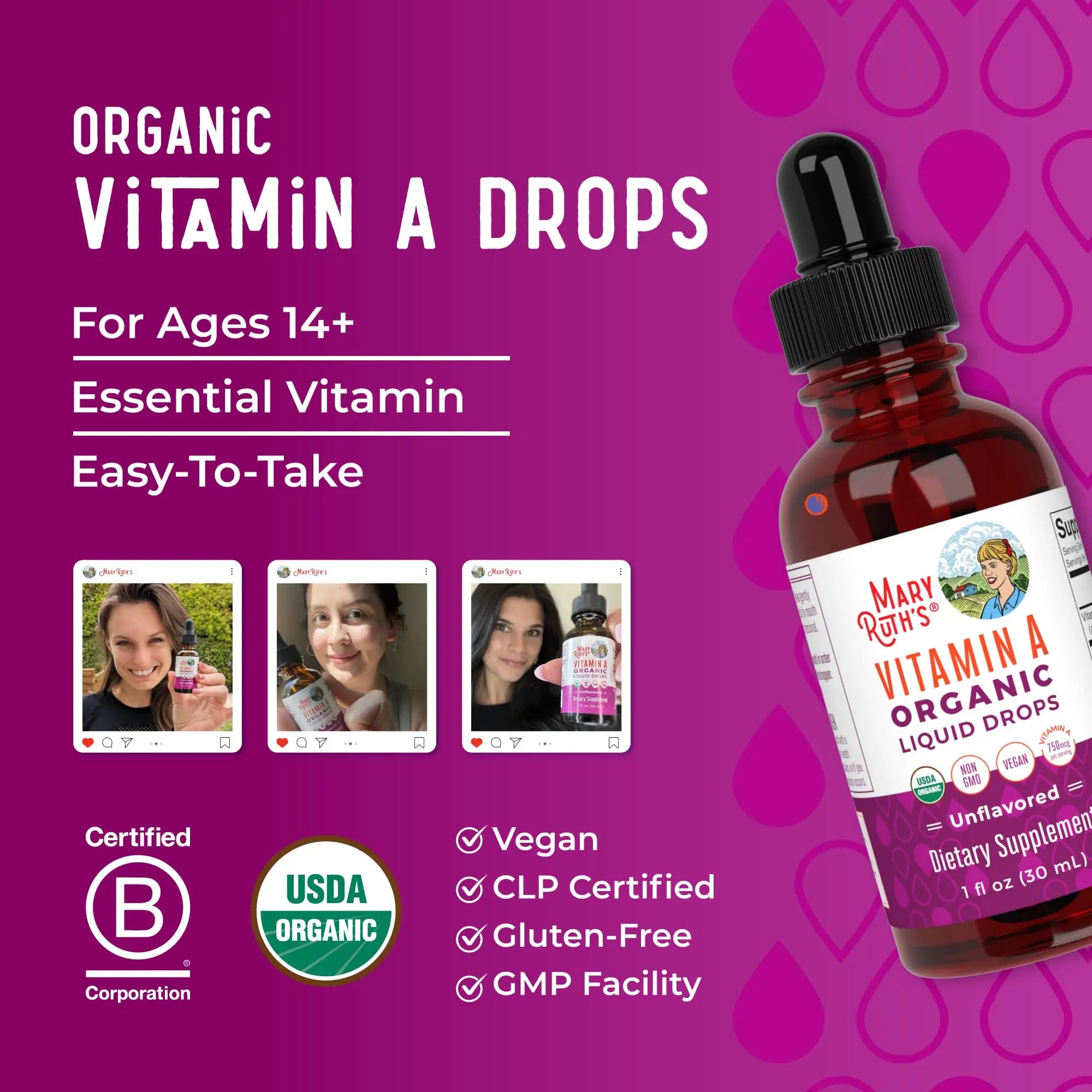 MaryRuth Organics USDA Organic Vitamin A Liquid Drops | 3 Month Supply | Bone Health for Ages 14+ | Essential Vitamin | 750mcg per Serving | Sugar Free | Vegan | Non-GMO | Gluten Free | 1oz MARYRUTH'S Au supplements