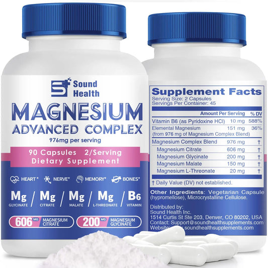 5 in 1 Magnesium Complex Capsule 976mg wtih Magnesium Glycinate, Citrate, Malate, L-Threonate & Vitamin B6, High Absorption Magnesium Complex for Women & Men, Third-Party Tested, Vegan, Non-GMO Sound Health PlusAU supplements